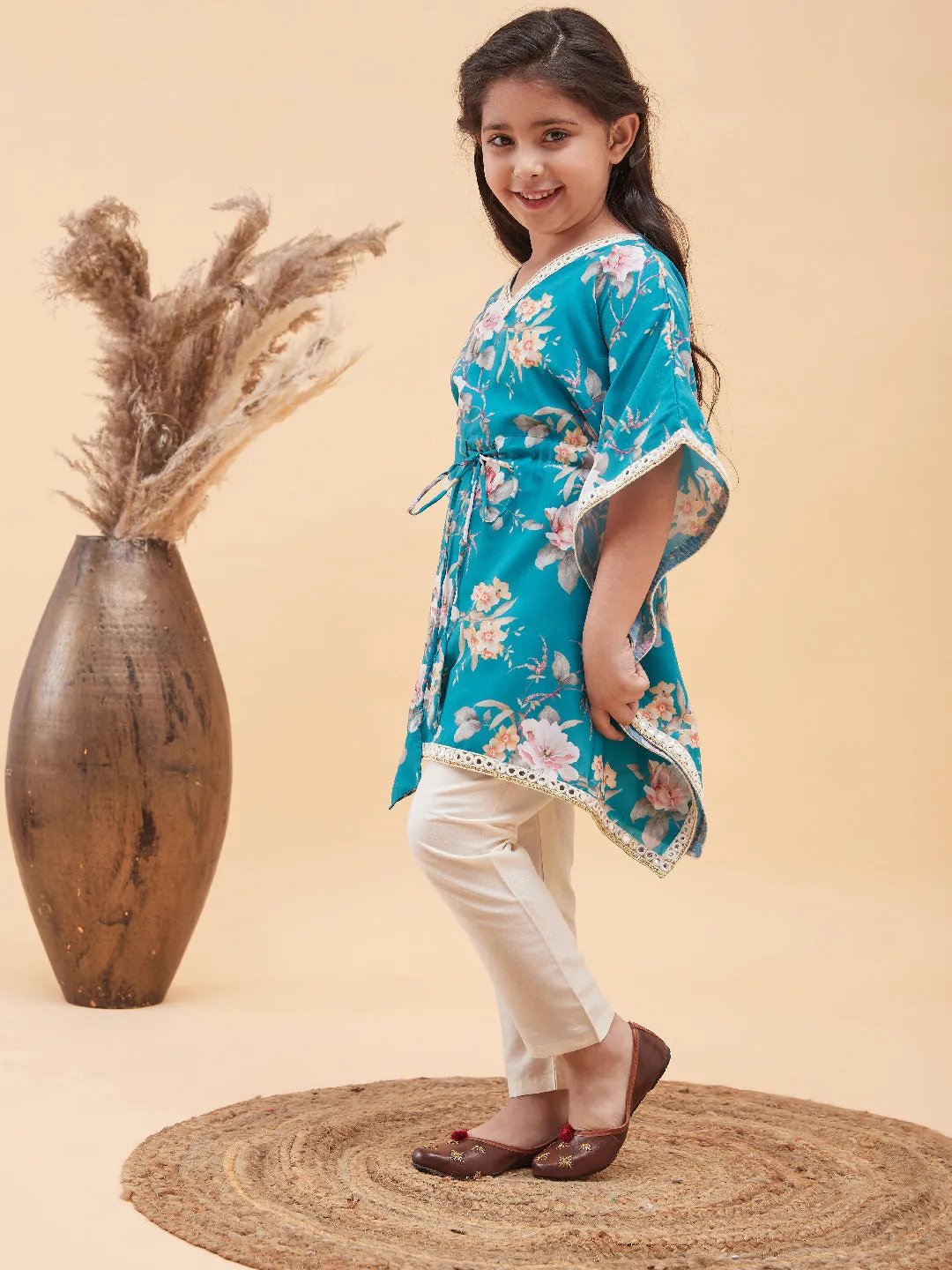 Jashvi Girls Turquoise Blue Floral Printed Kaftan Kurta With Cream Pant Set