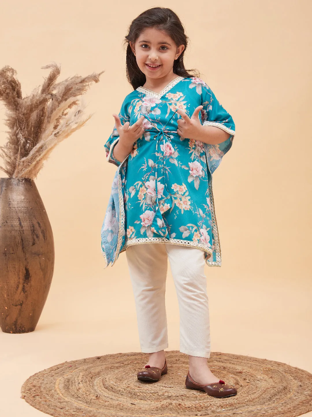 Jashvi Girls Turquoise Blue Floral Printed Kaftan Kurta With Cream Pant Set