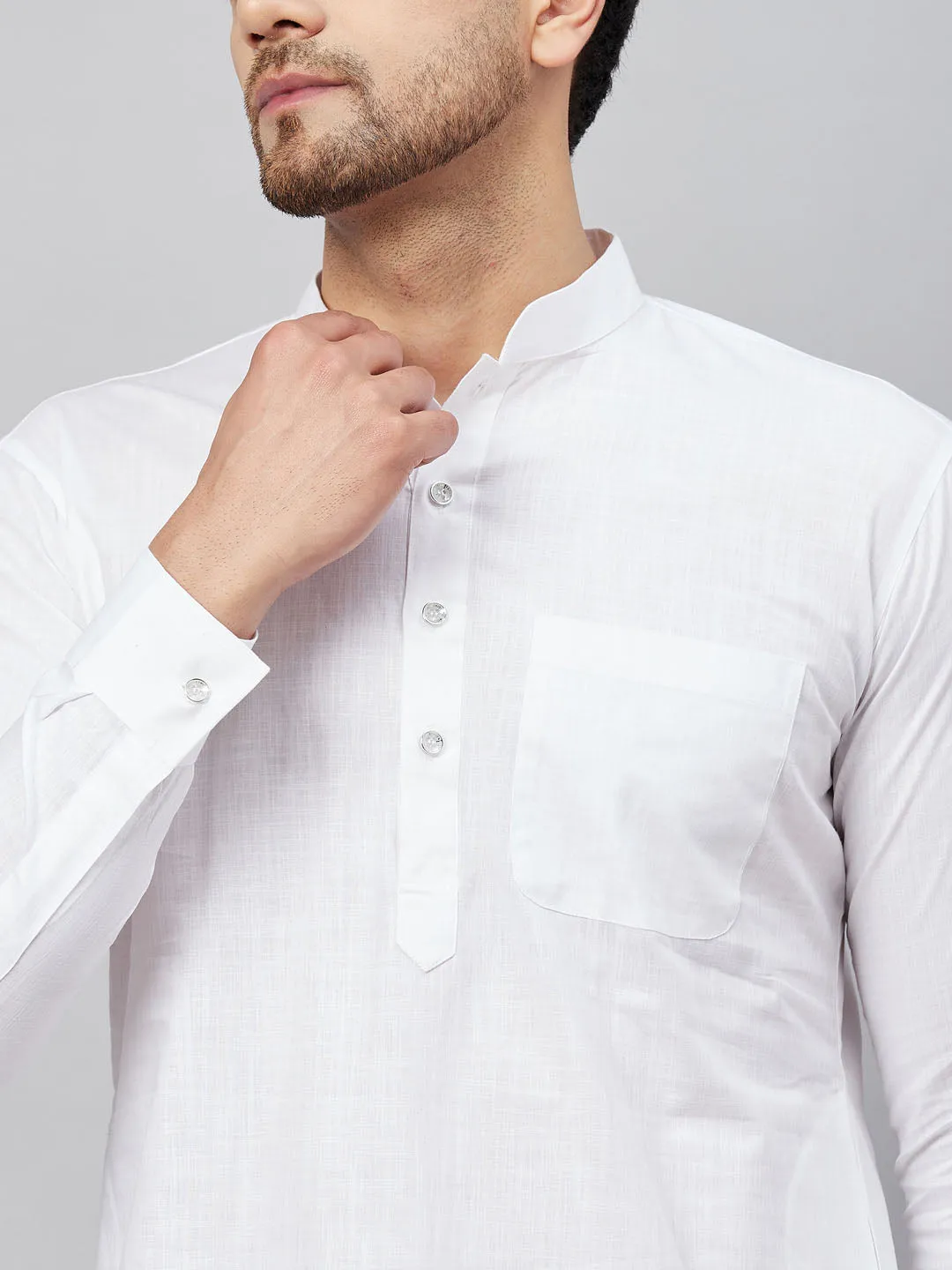 Jashvi Men's White Cotton Blend Pathani Suit Set