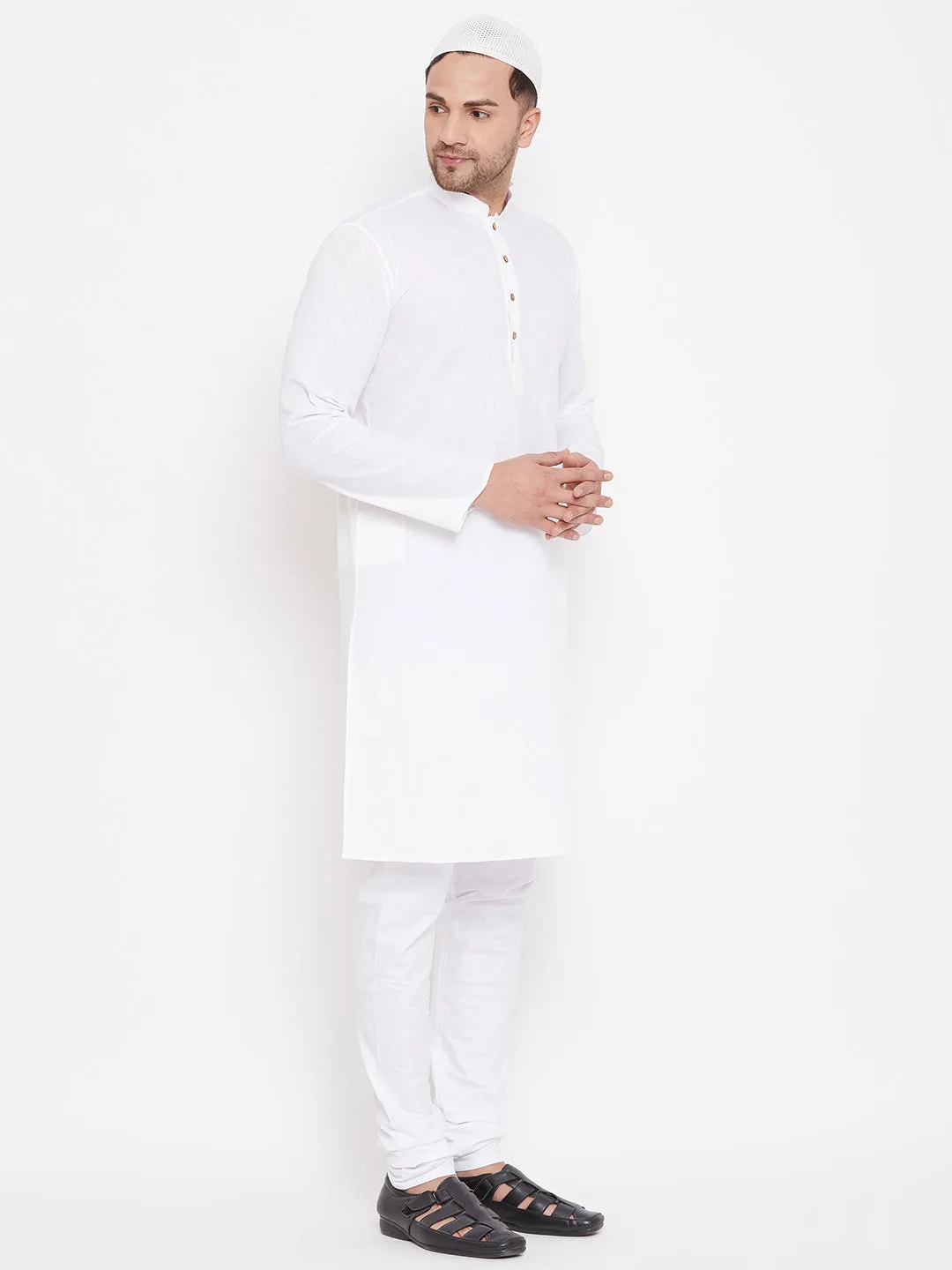 Jashvi Men's White Cotton Linen Blend Kurta Churidar Set