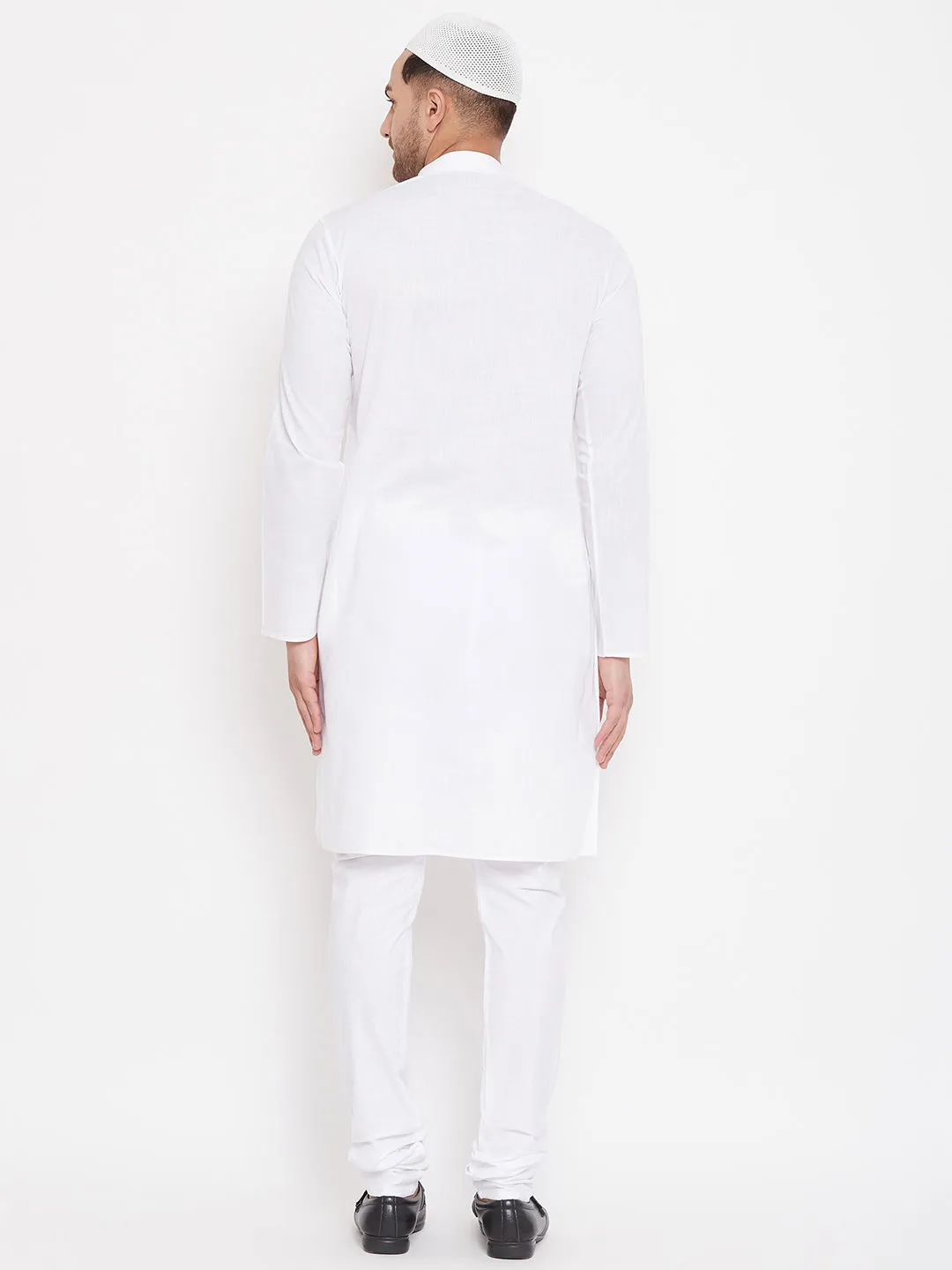 Jashvi Men's White Cotton Linen Blend Kurta Churidar Set