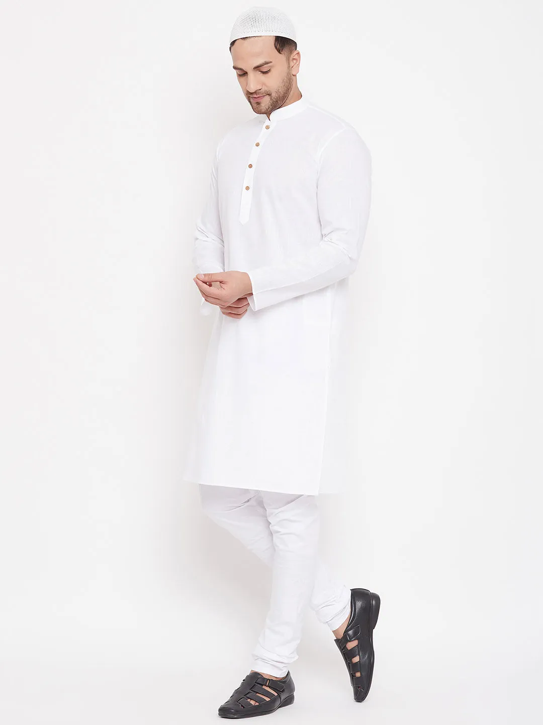 Jashvi Men's White Cotton Linen Blend Kurta Churidar Set