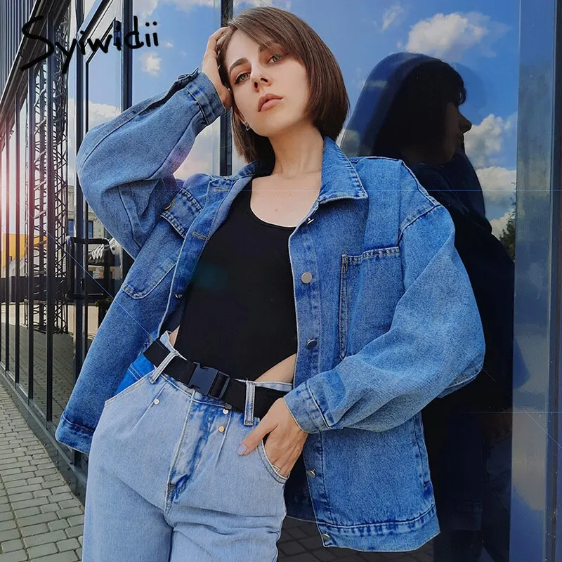 Joskaa Blue Jean Denim Jacket Women Oversized Coat Fall 2024 Winter Casual Designer Big Pocket Single Breasted Outwear Tops