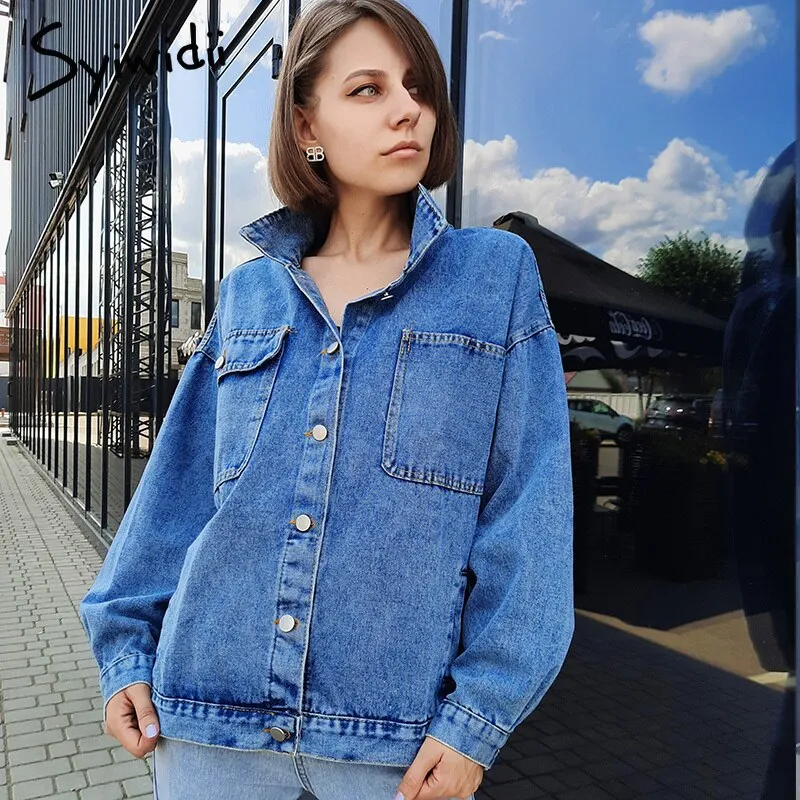 Joskaa Blue Jean Denim Jacket Women Oversized Coat Fall 2024 Winter Casual Designer Big Pocket Single Breasted Outwear Tops
