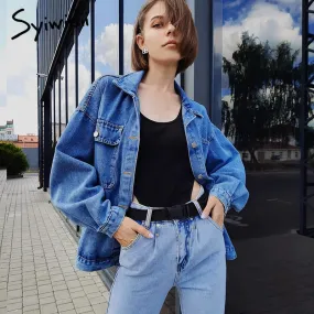 Joskaa Blue Jean Denim Jacket Women Oversized Coat Fall 2024 Winter Casual Designer Big Pocket Single Breasted Outwear Tops