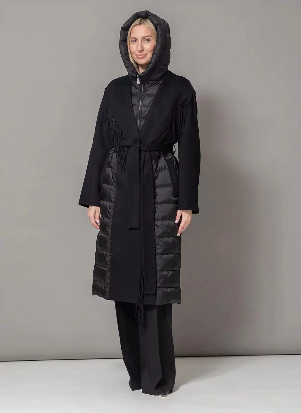 Kennedy Fringe Luxe Down Wool Blend Coat in Black