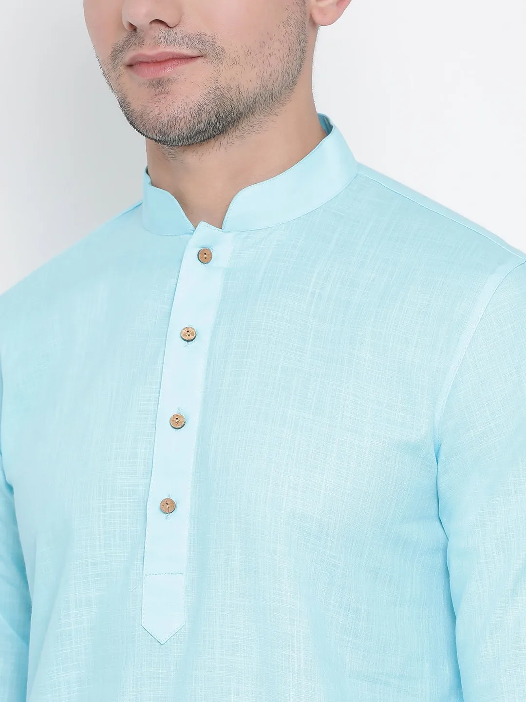Men's Light Blue Cotton Linen Blend Kurta and Pyjama Set - Vastramay
