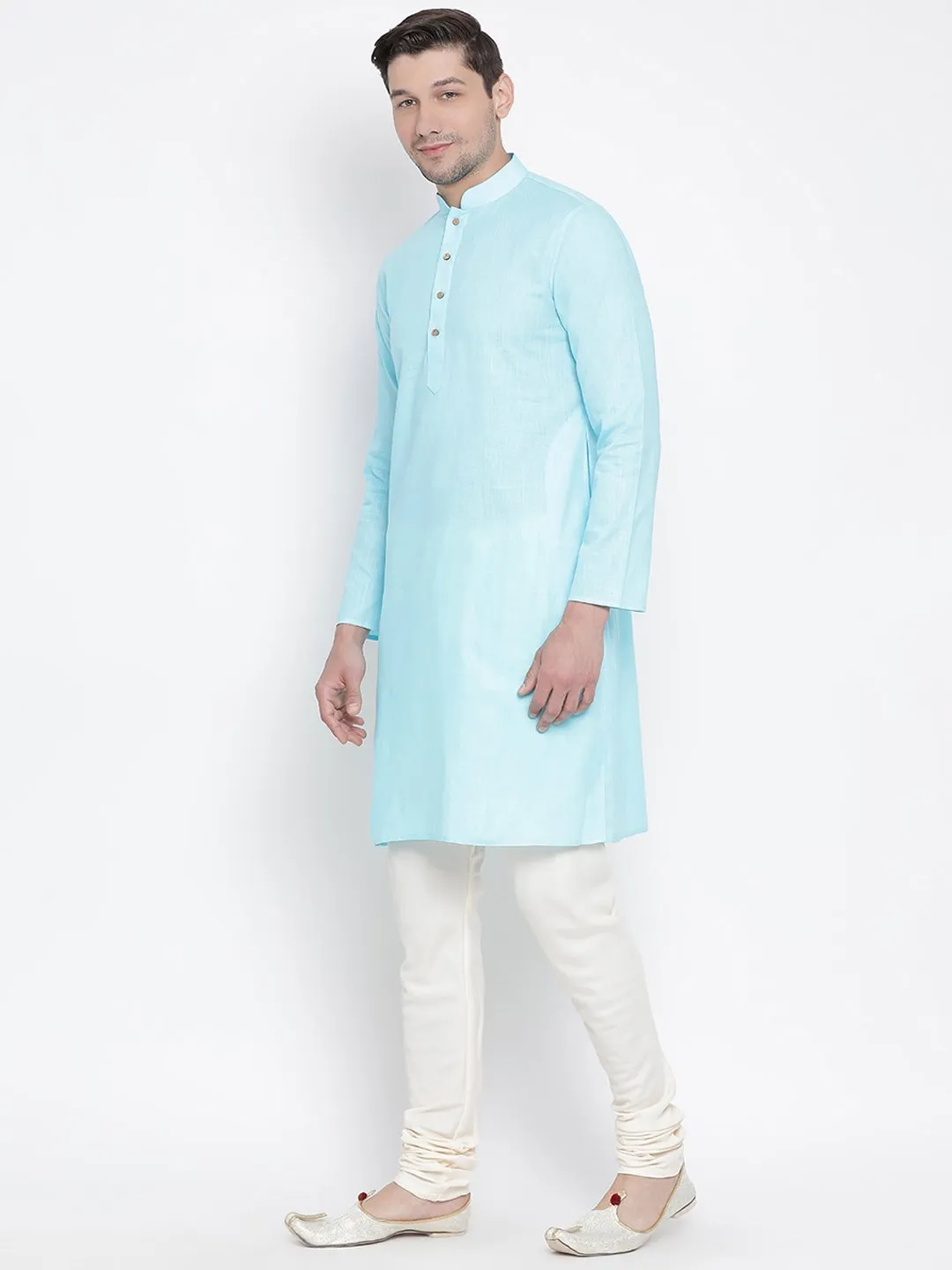Men's Light Blue Cotton Linen Blend Kurta and Pyjama Set - Vastramay