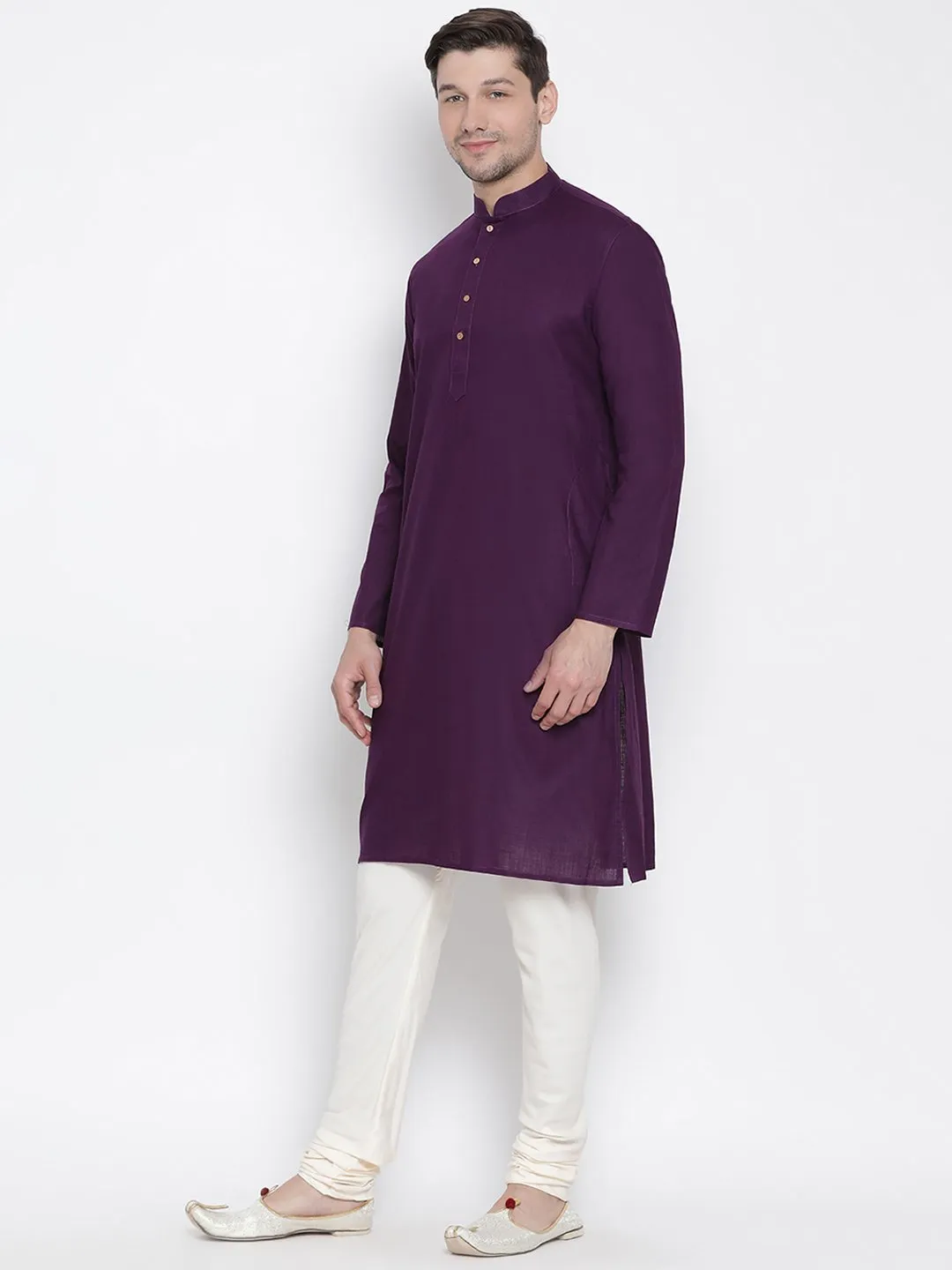 Men's Purple Cotton Linen Blend Kurta and Pyjama Set - Vastramay