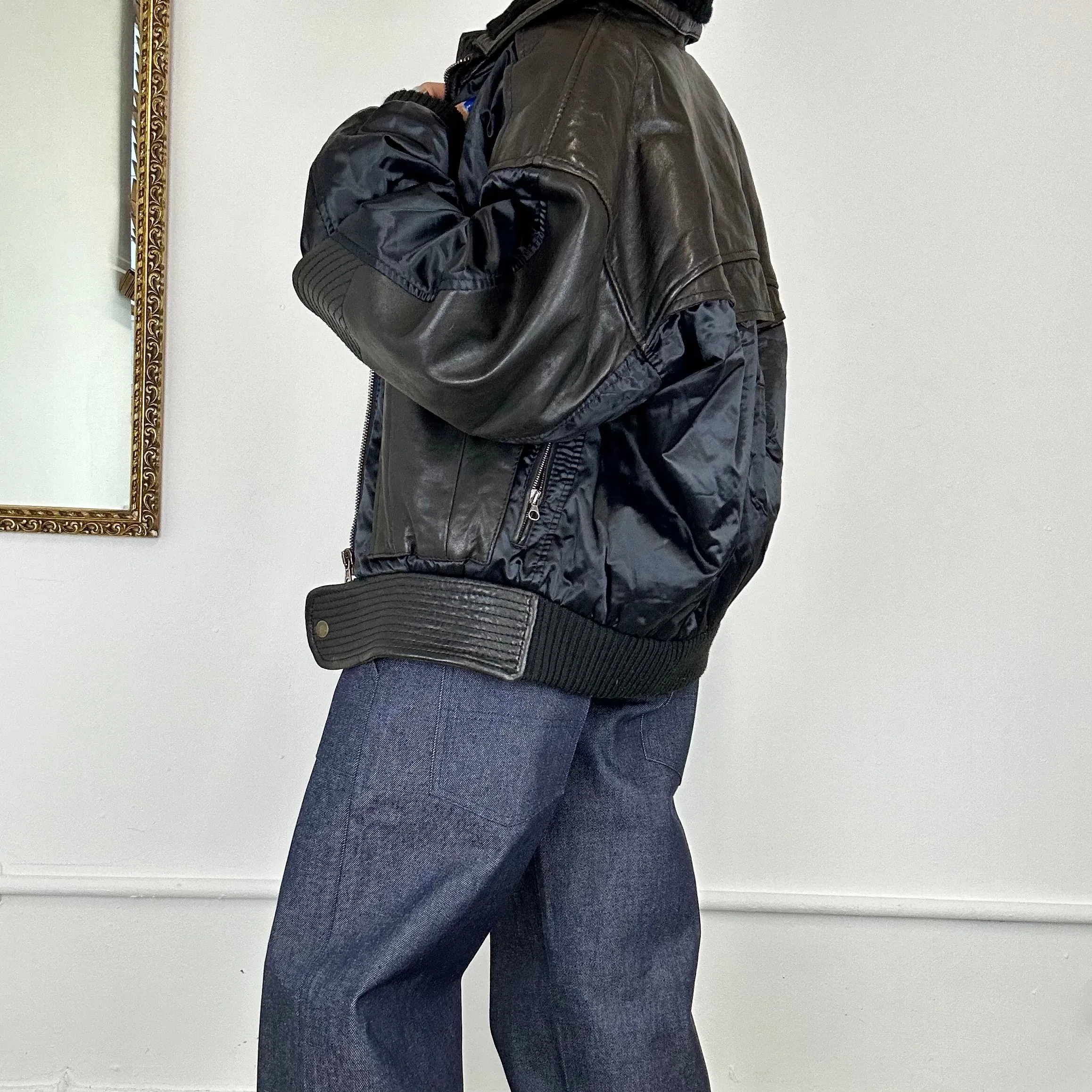 oversized leather contrast bomber jacket