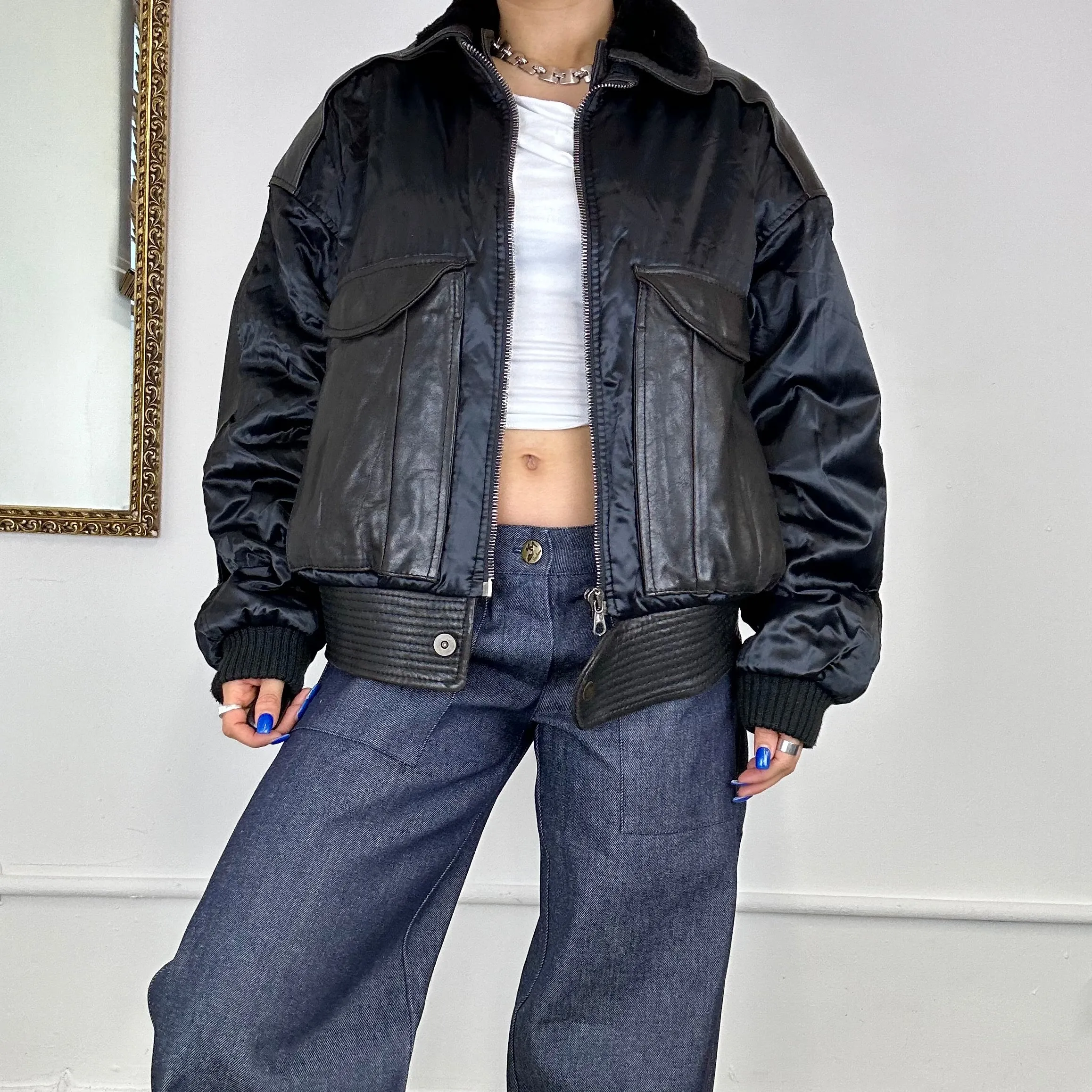 oversized leather contrast bomber jacket