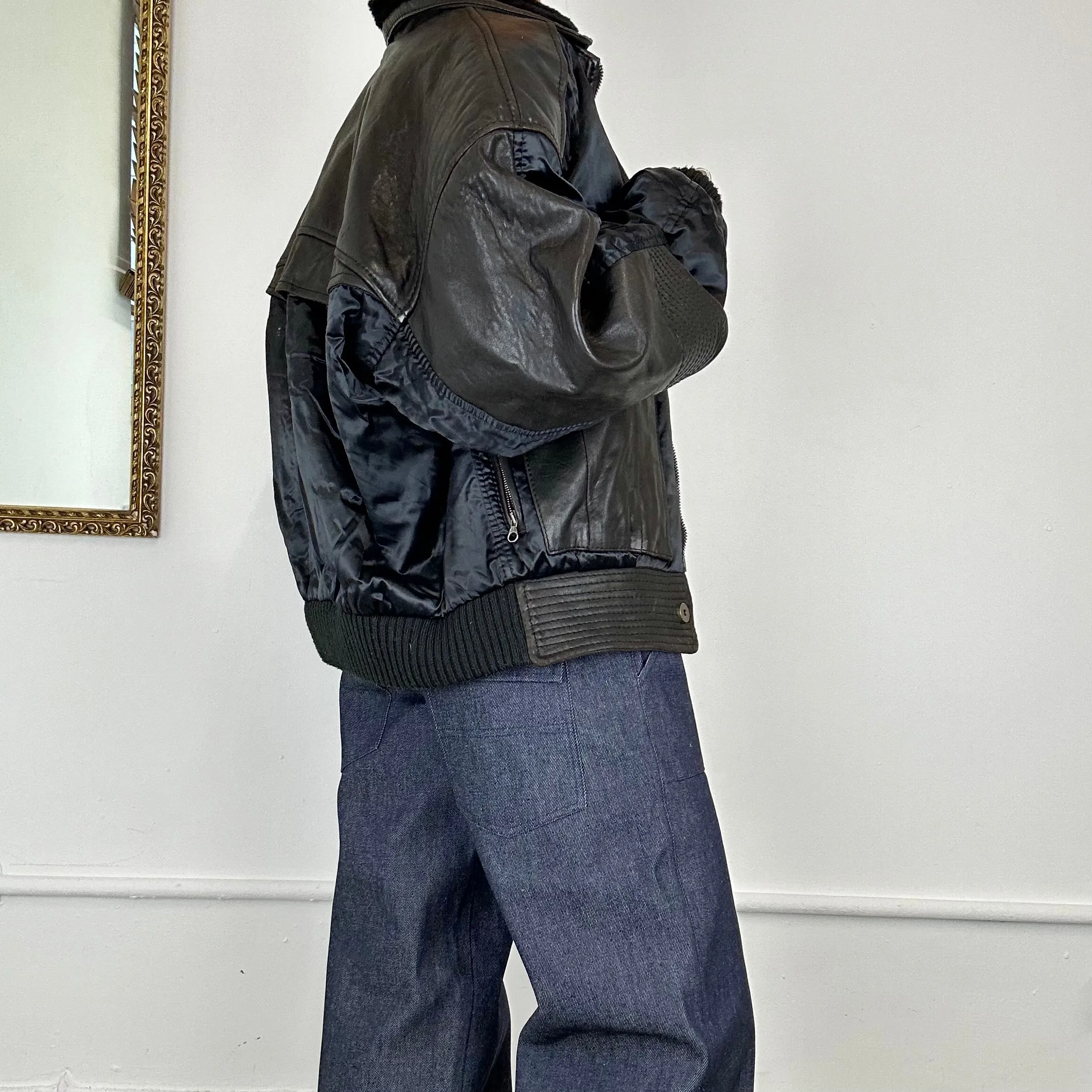 oversized leather contrast bomber jacket