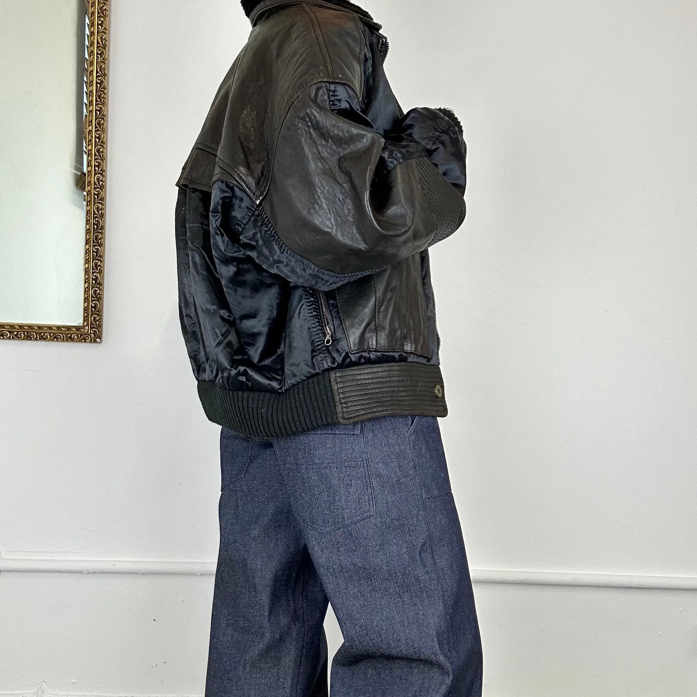 oversized leather contrast bomber jacket
