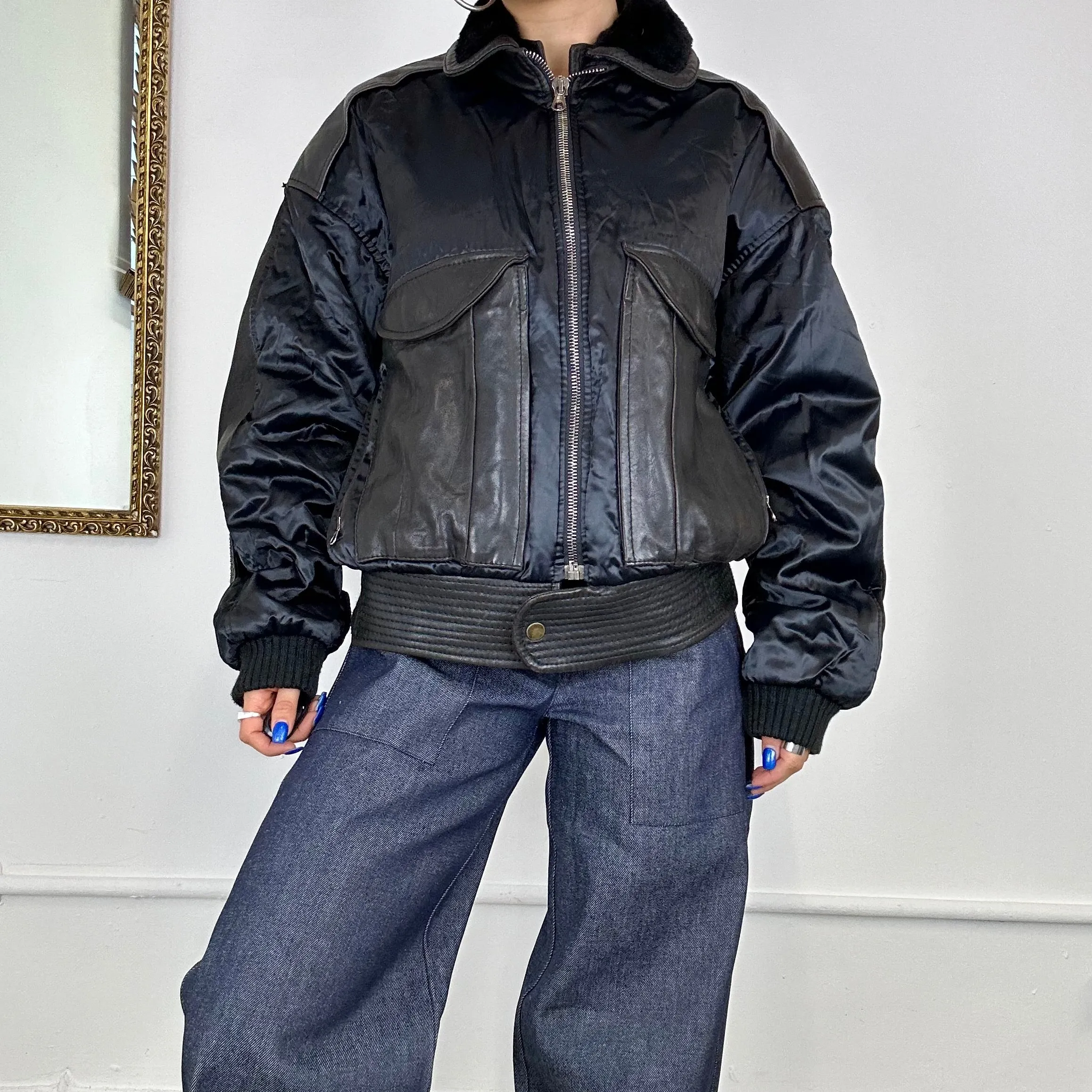 oversized leather contrast bomber jacket