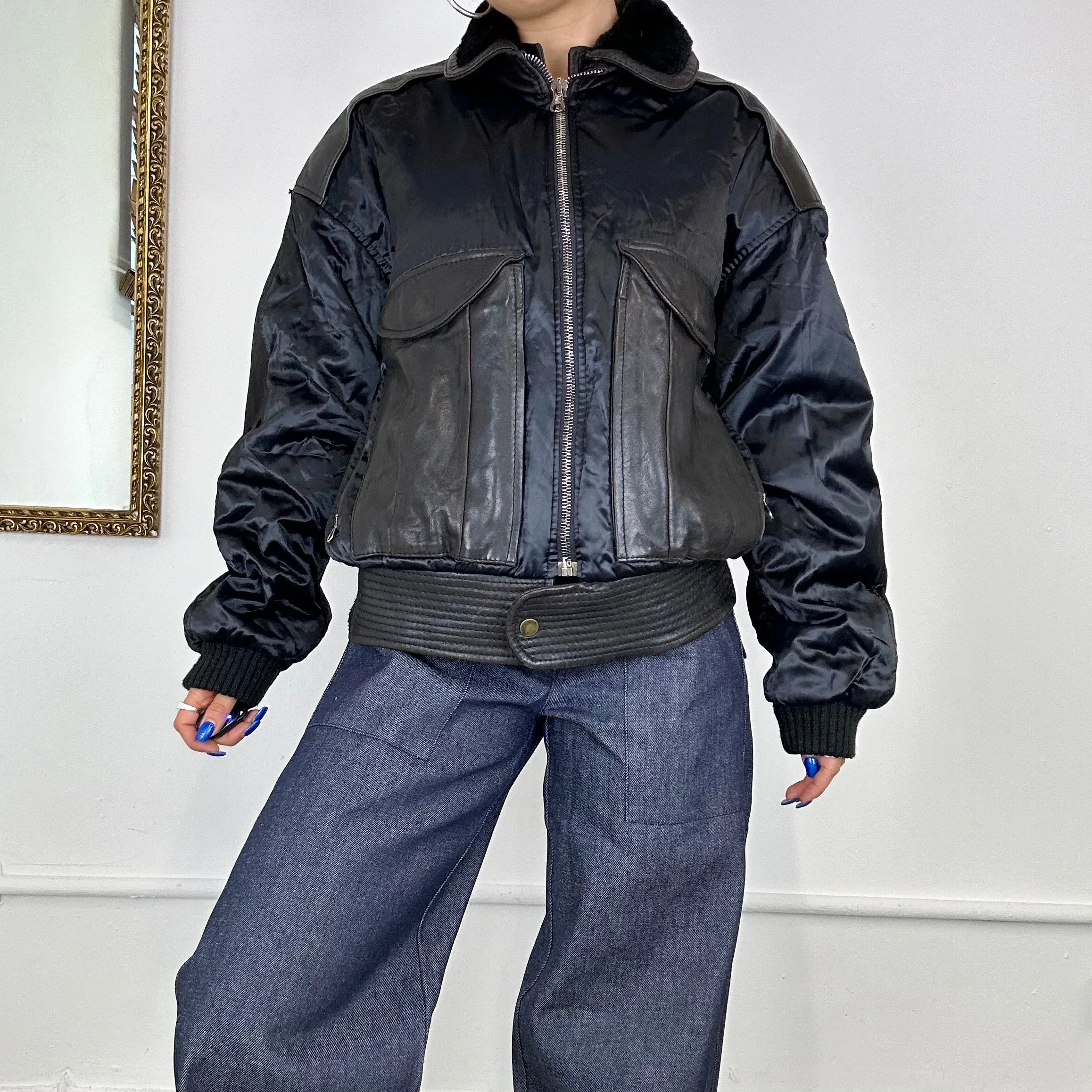 oversized leather contrast bomber jacket