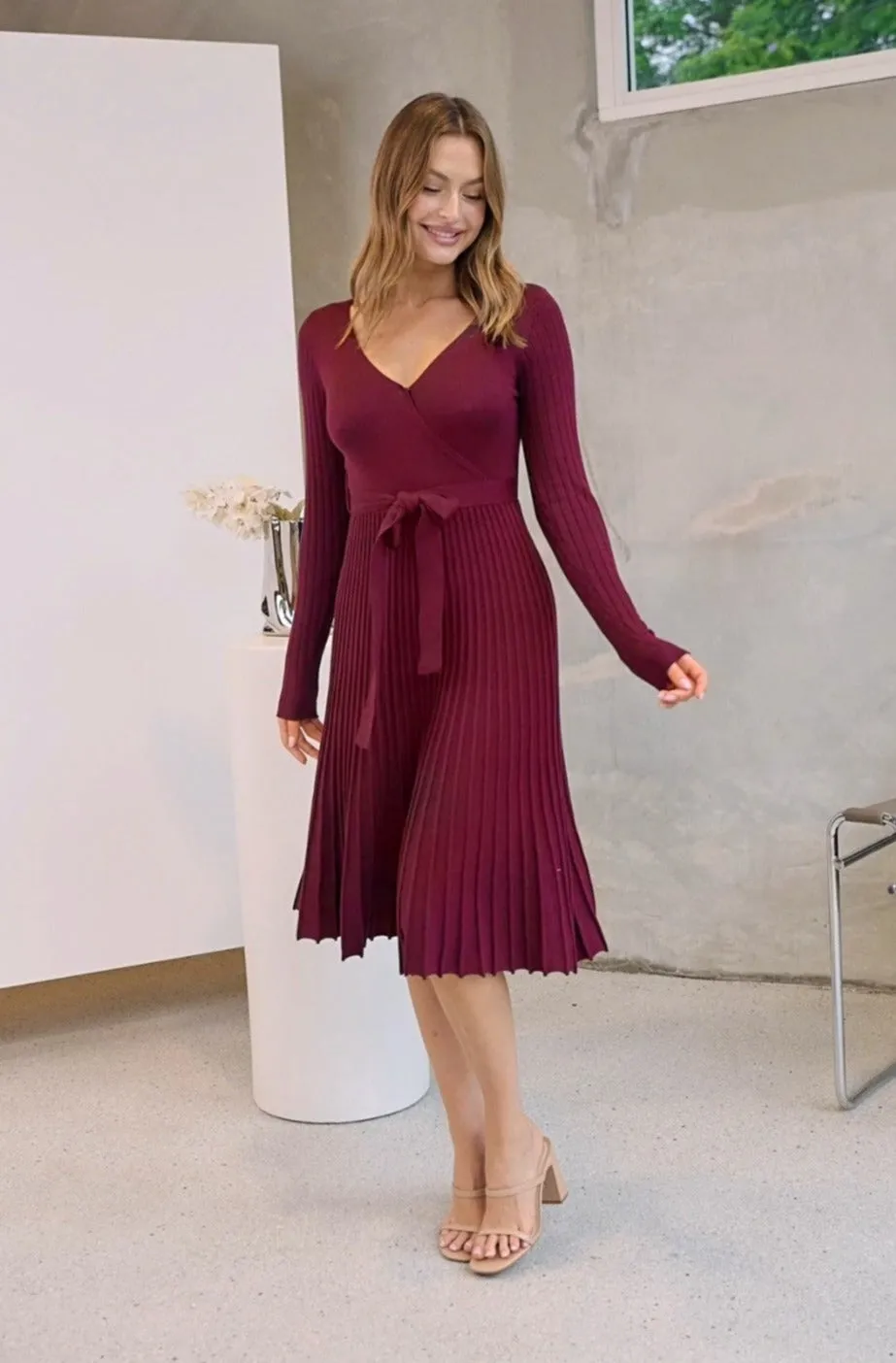 Parker Wine Long Sleeve Pleated Knit Midi Dress