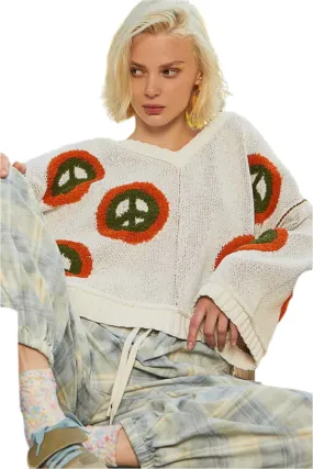 POL V Neck Long Sleeve Peace Pattern Sweater