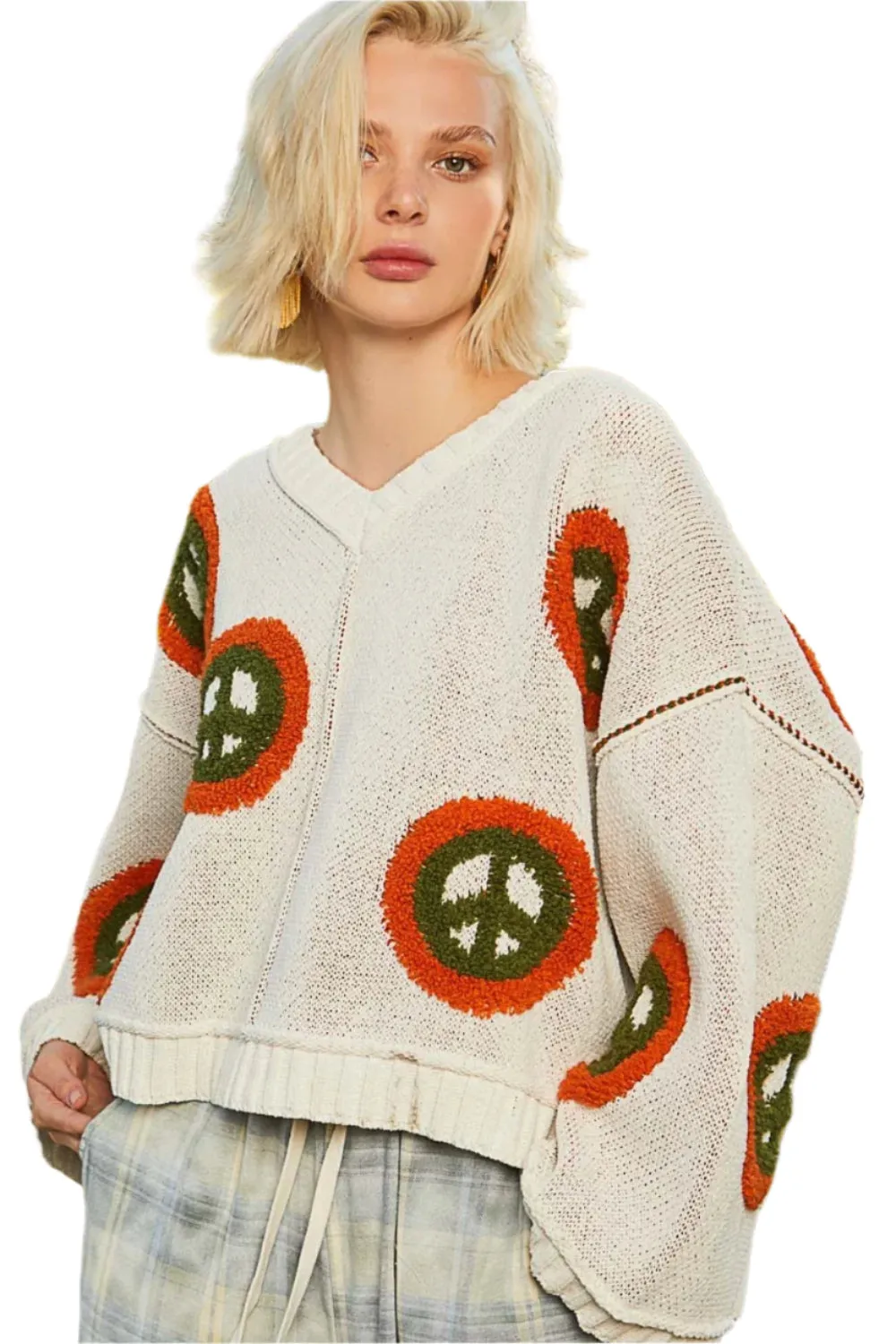 POL V Neck Long Sleeve Peace Pattern Sweater