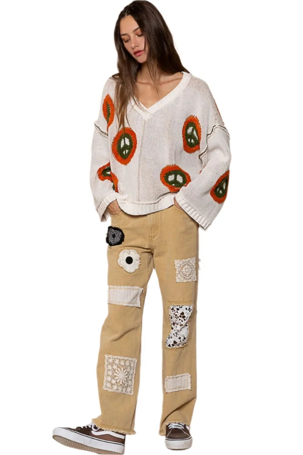 POL V Neck Long Sleeve Peace Pattern Sweater