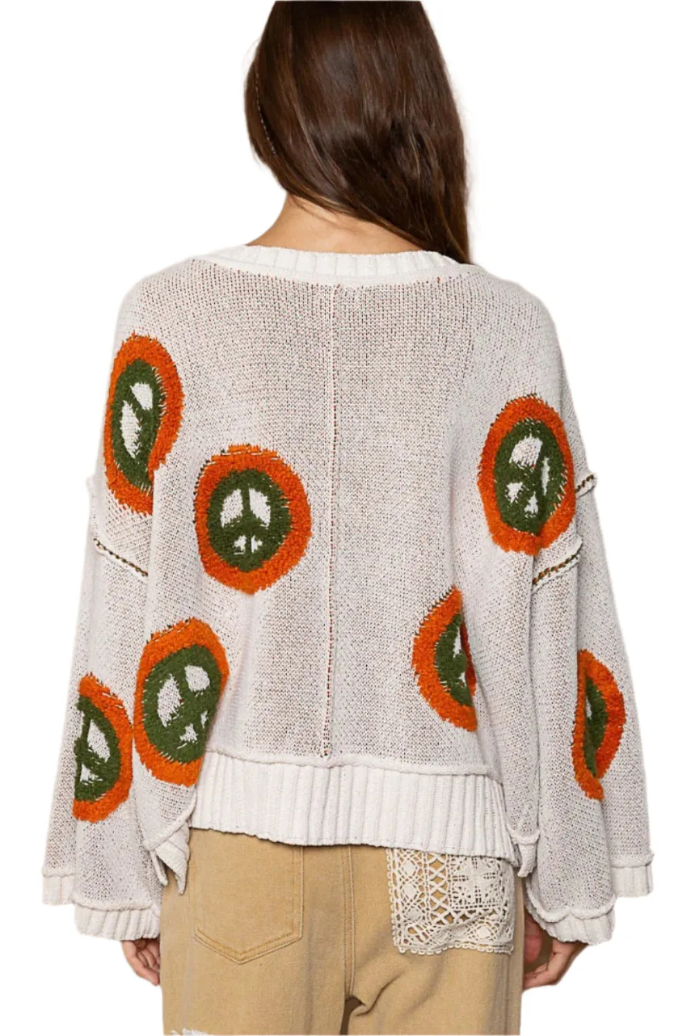 POL V Neck Long Sleeve Peace Pattern Sweater