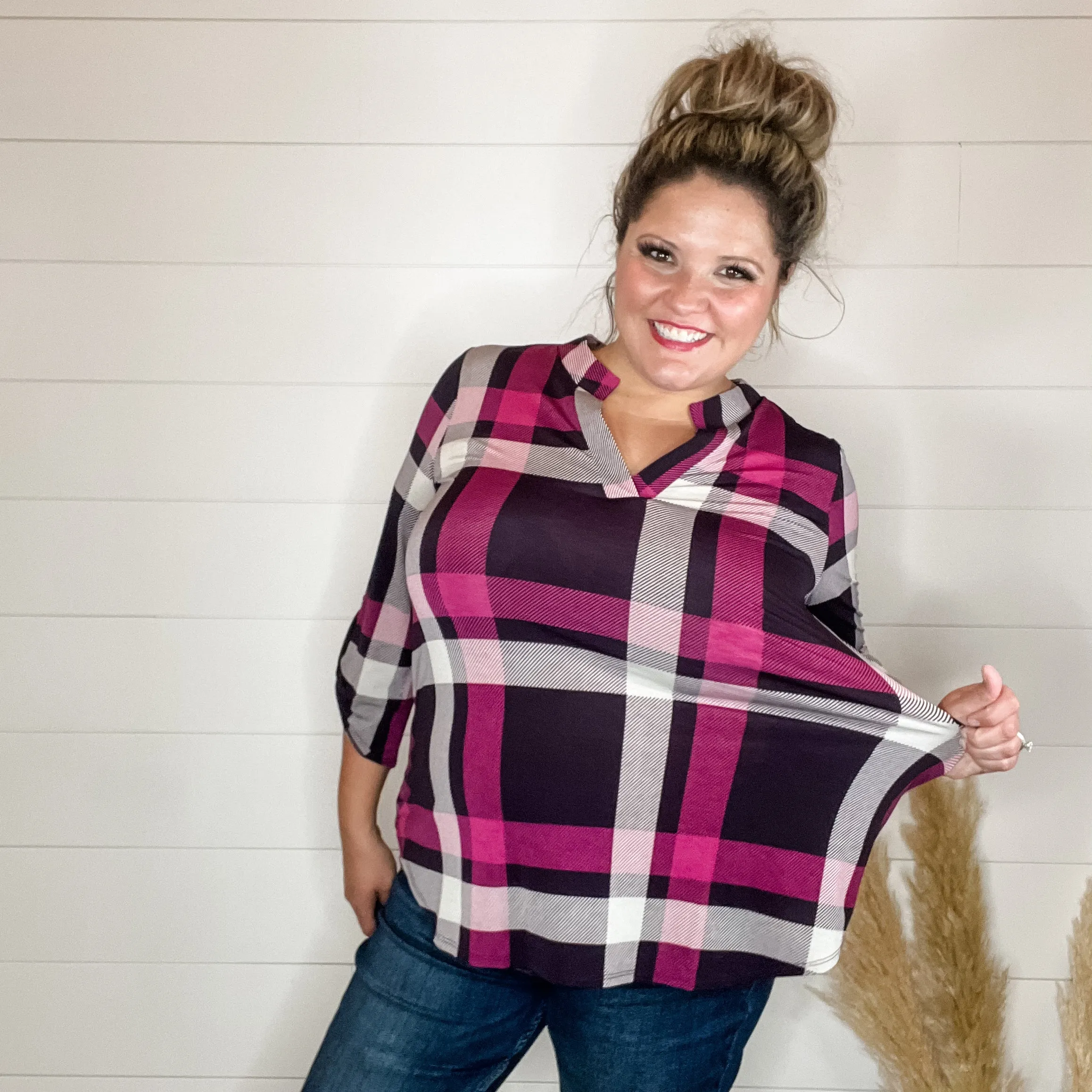 "Blayne" Plaid Lizzy 3/4 Sleeve Split Neck