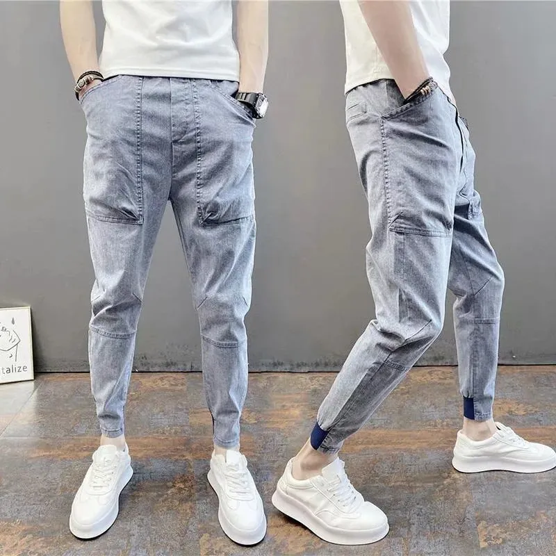Summer men's thin foot casual jeans pants solid color elastic bouques spirit small guy foot trend men's pants