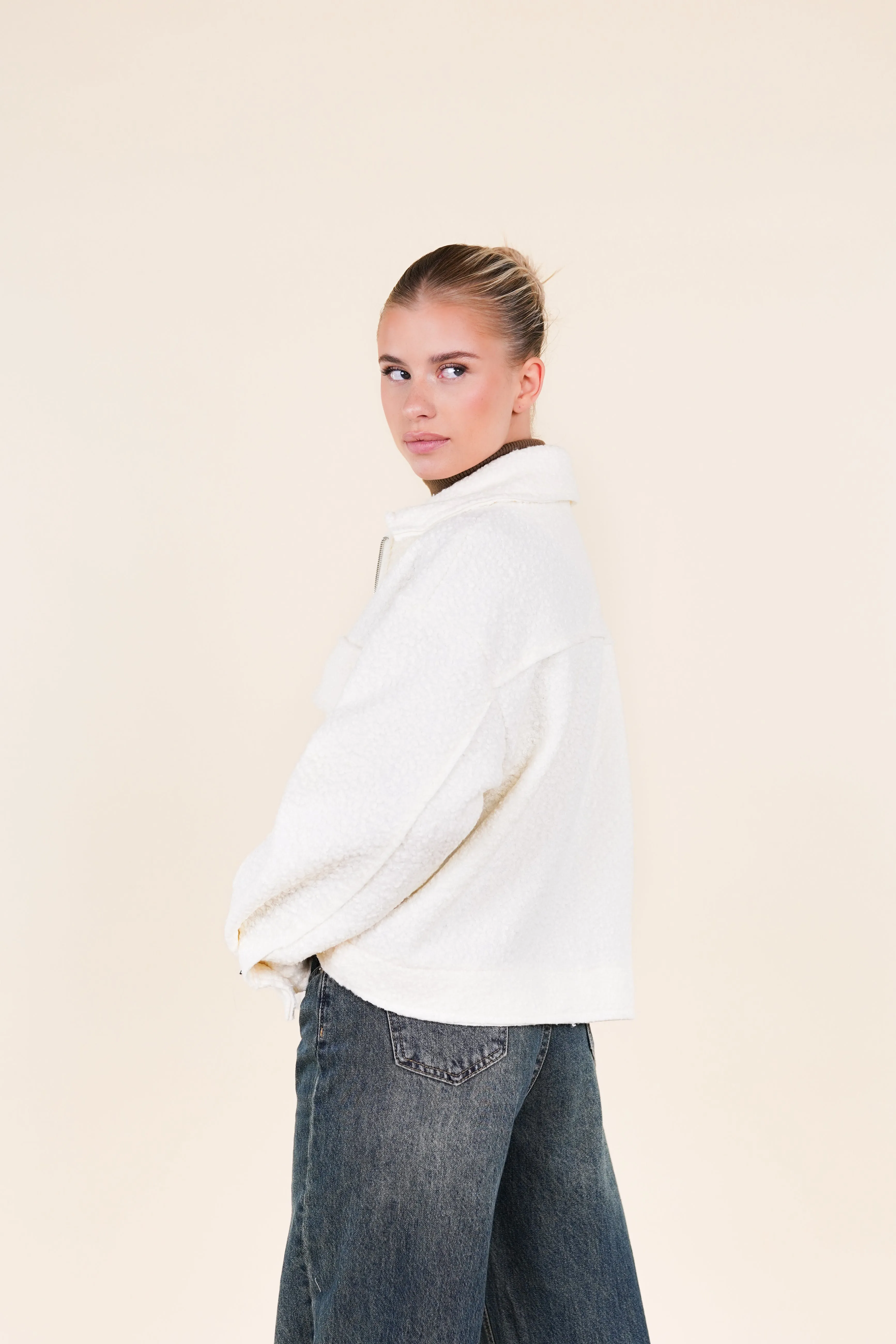 Teddy bomber jacket met rits off white - Xaja