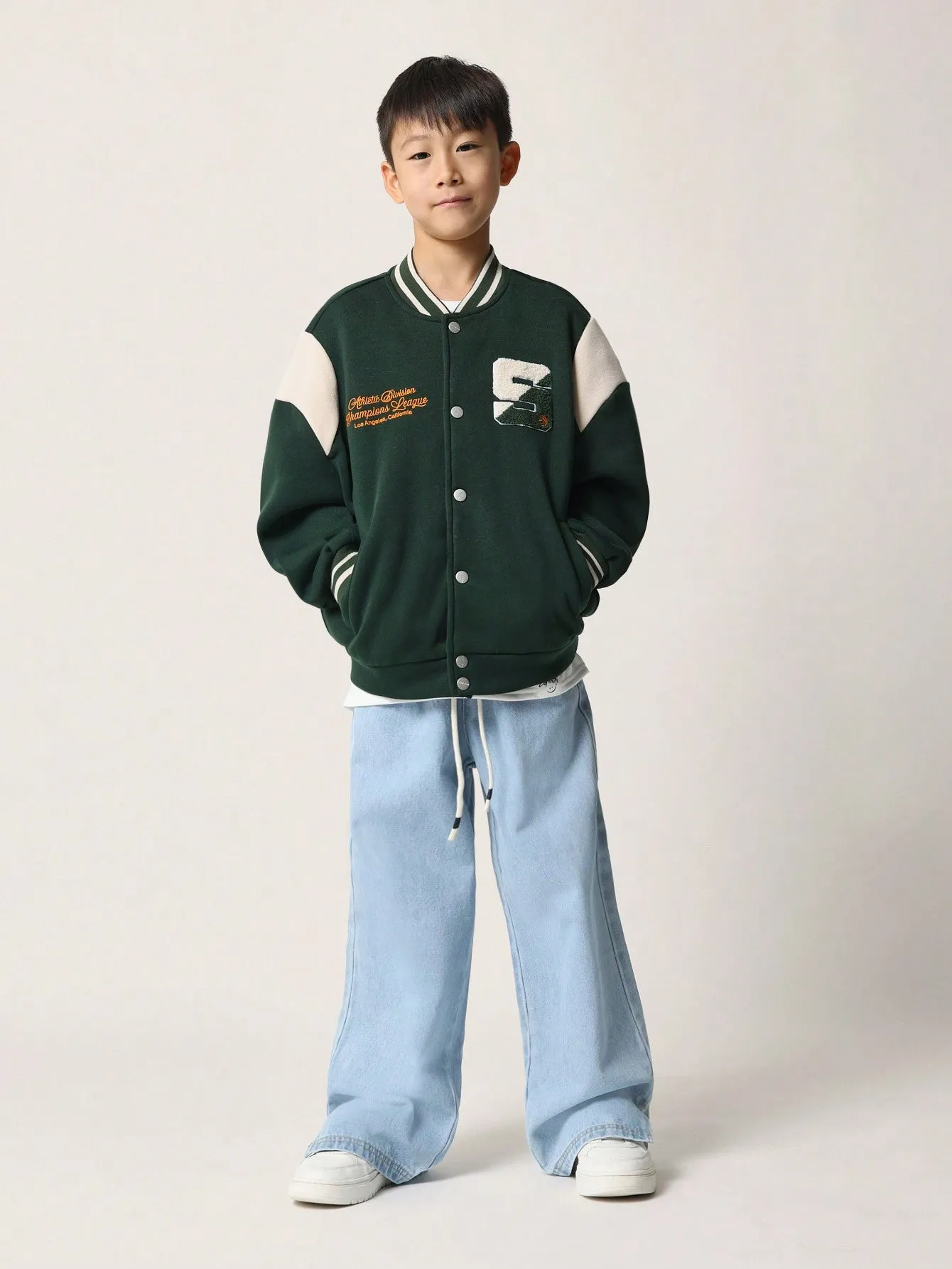 Tween Boys Oversized Varsity Bomber Jacket With Embroidery And Applique