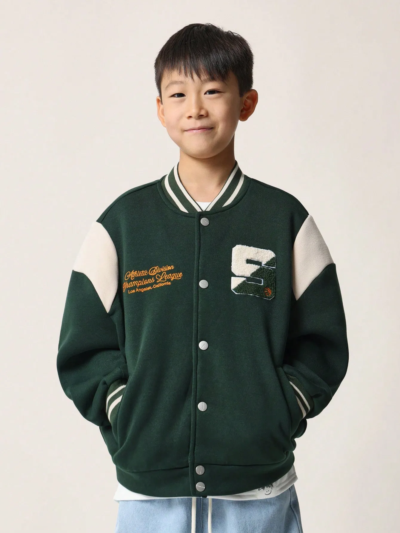 Tween Boys Oversized Varsity Bomber Jacket With Embroidery And Applique