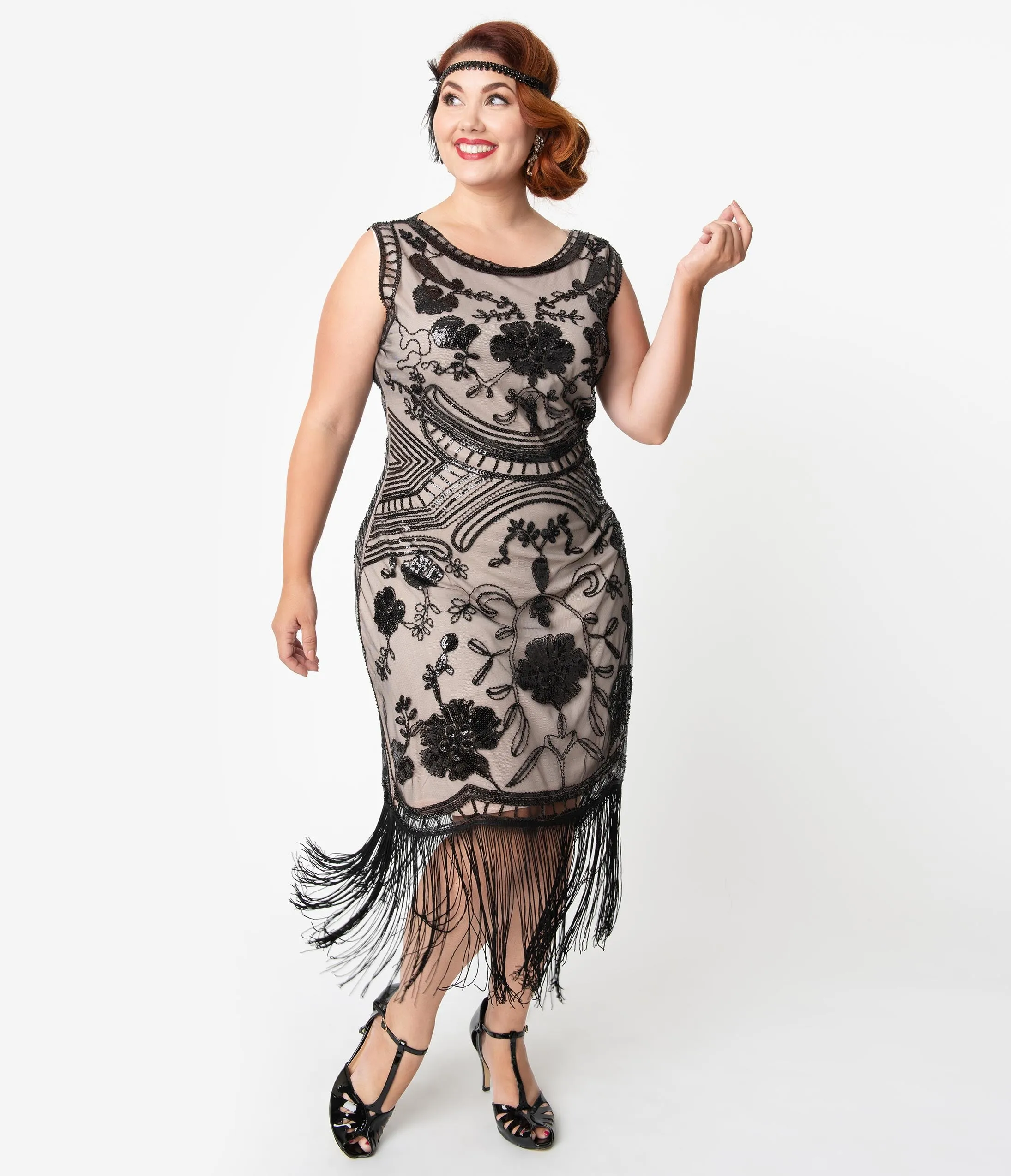 Unique Vintage Plus Size 1920s Style Blush Pink & Black Sequin Isabeau Cocktail Dress