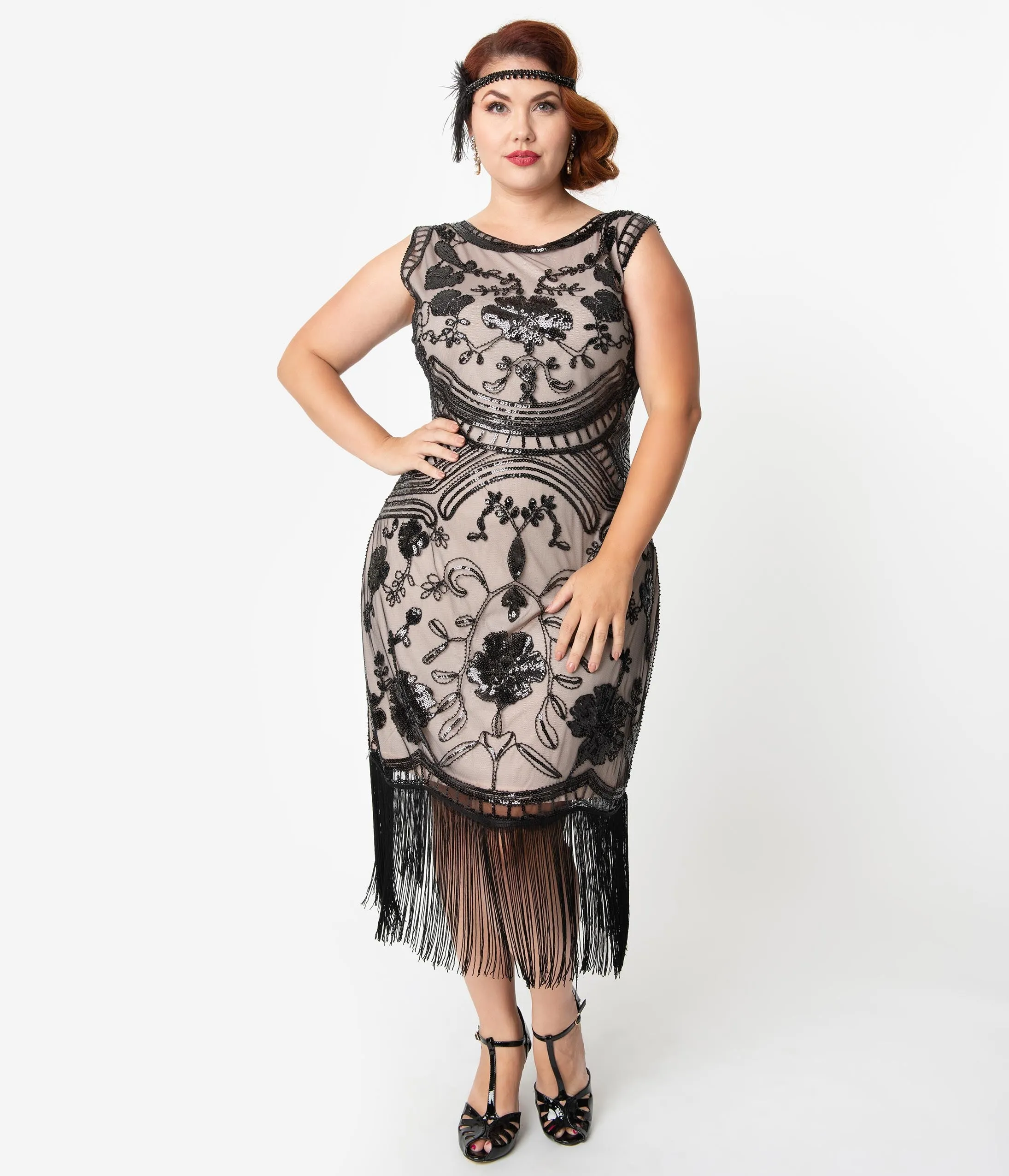 Unique Vintage Plus Size 1920s Style Blush Pink & Black Sequin Isabeau Cocktail Dress