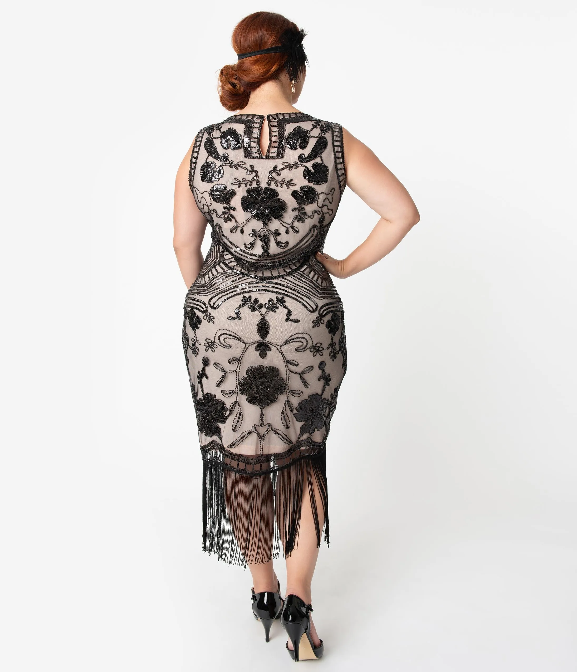 Unique Vintage Plus Size 1920s Style Blush Pink & Black Sequin Isabeau Cocktail Dress