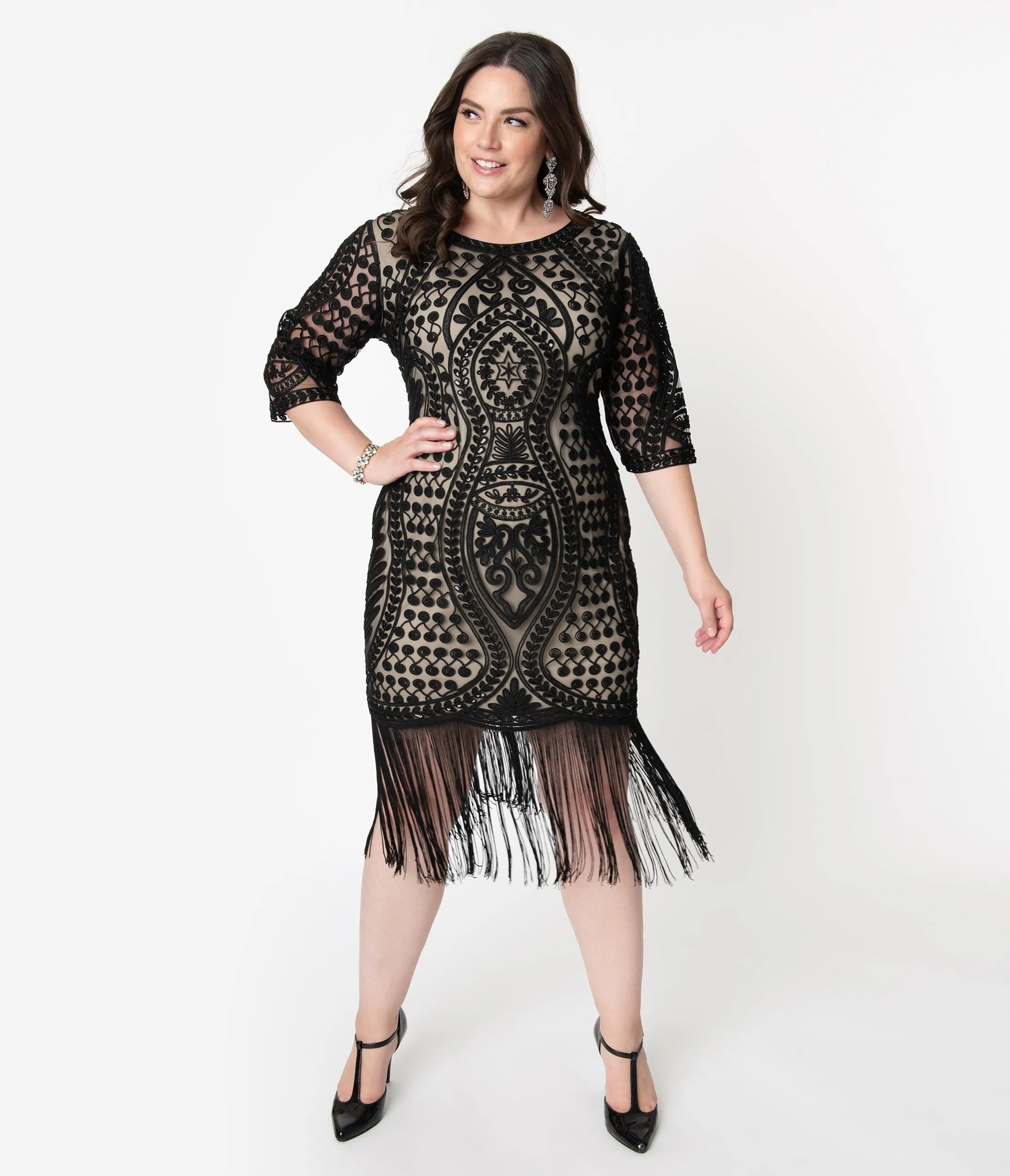 Unique Vintage Plus Size Beige & Black Embroidered Deco Eugenia Fringe Flapper Dress