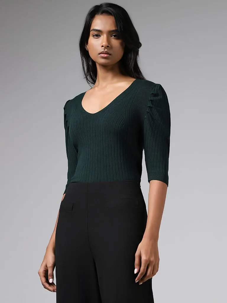 Wardrobe Emerald Green Self-Striped Ruched Sleeves Sweater