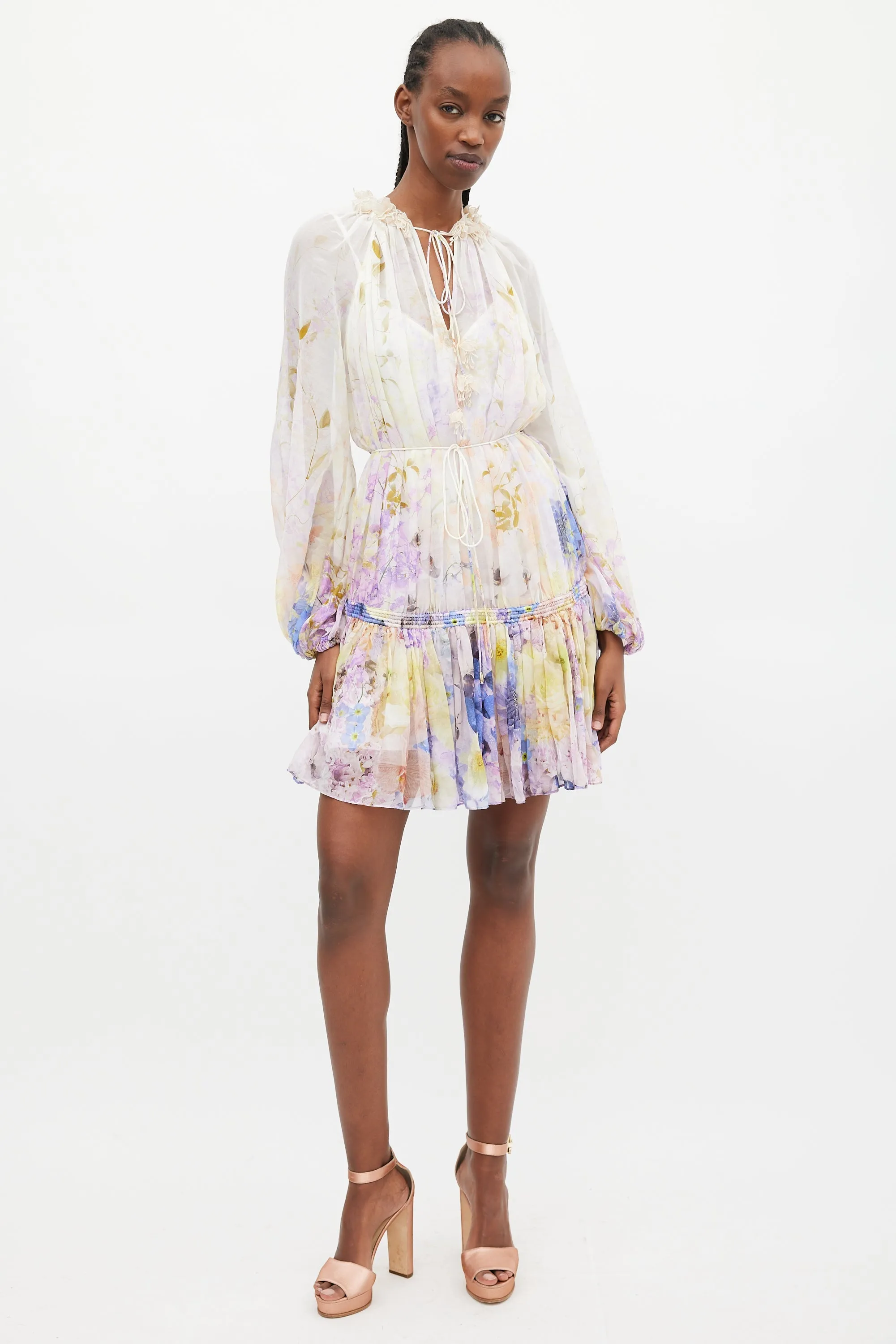 White & Multi Rhythmic Drawn Floral Dress