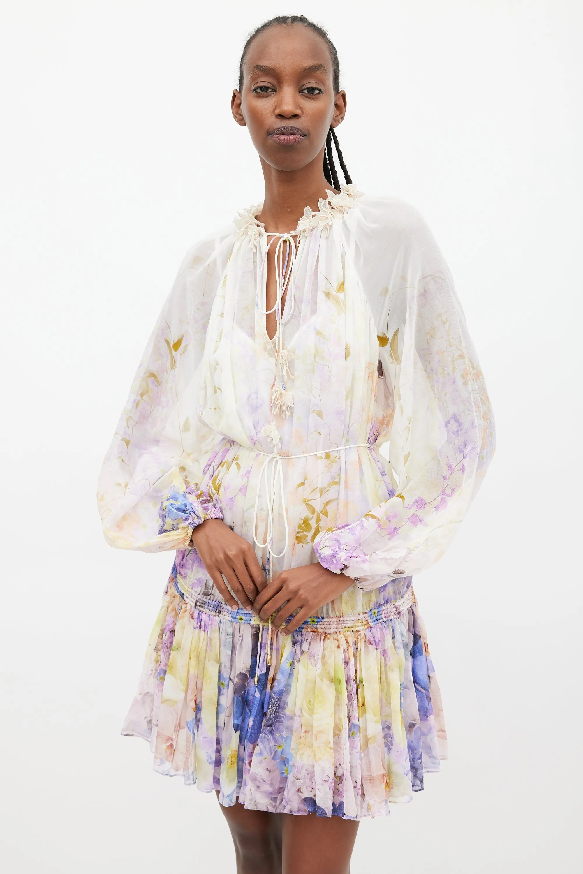 White & Multi Rhythmic Drawn Floral Dress