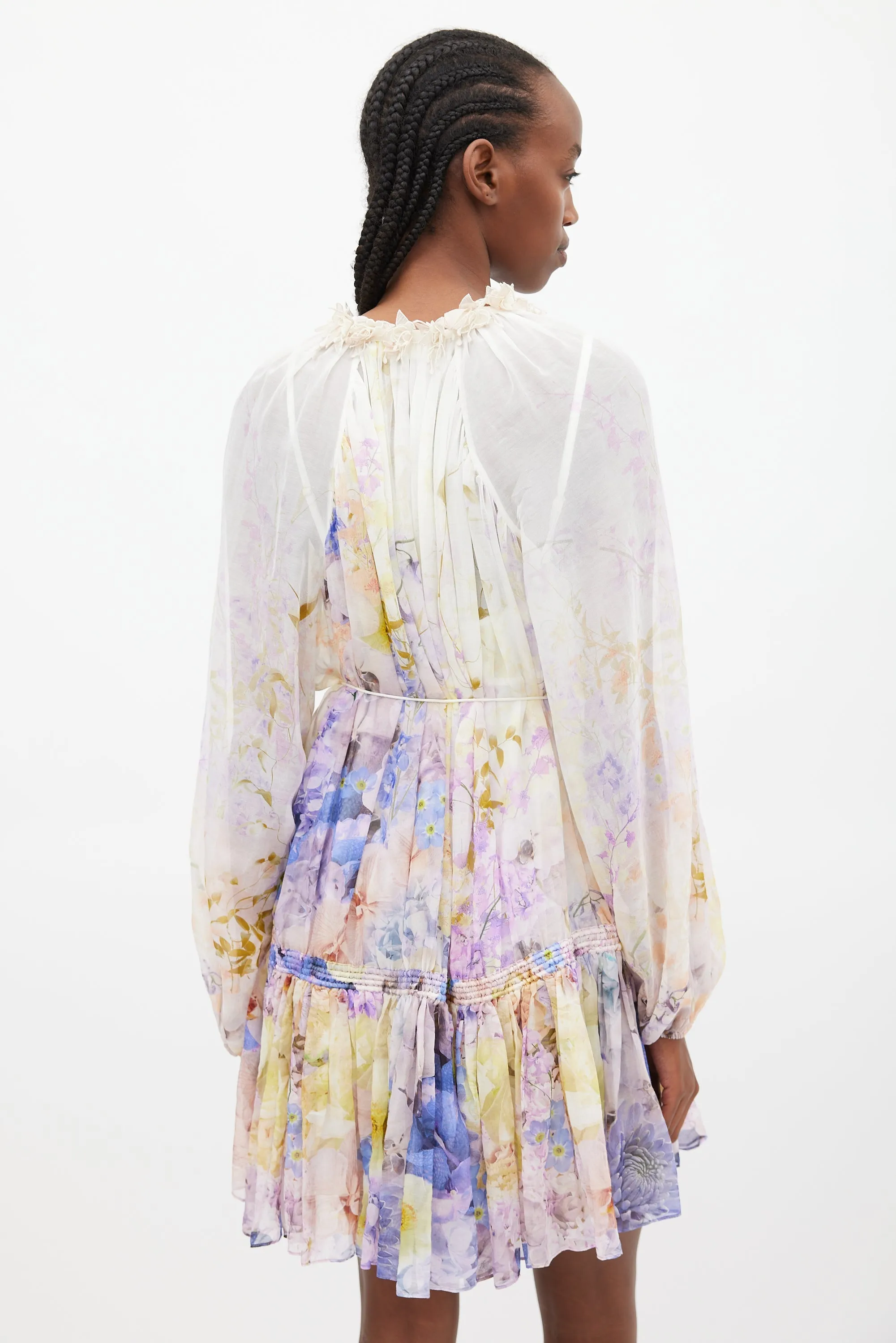 White & Multi Rhythmic Drawn Floral Dress