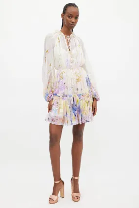 White & Multi Rhythmic Drawn Floral Dress