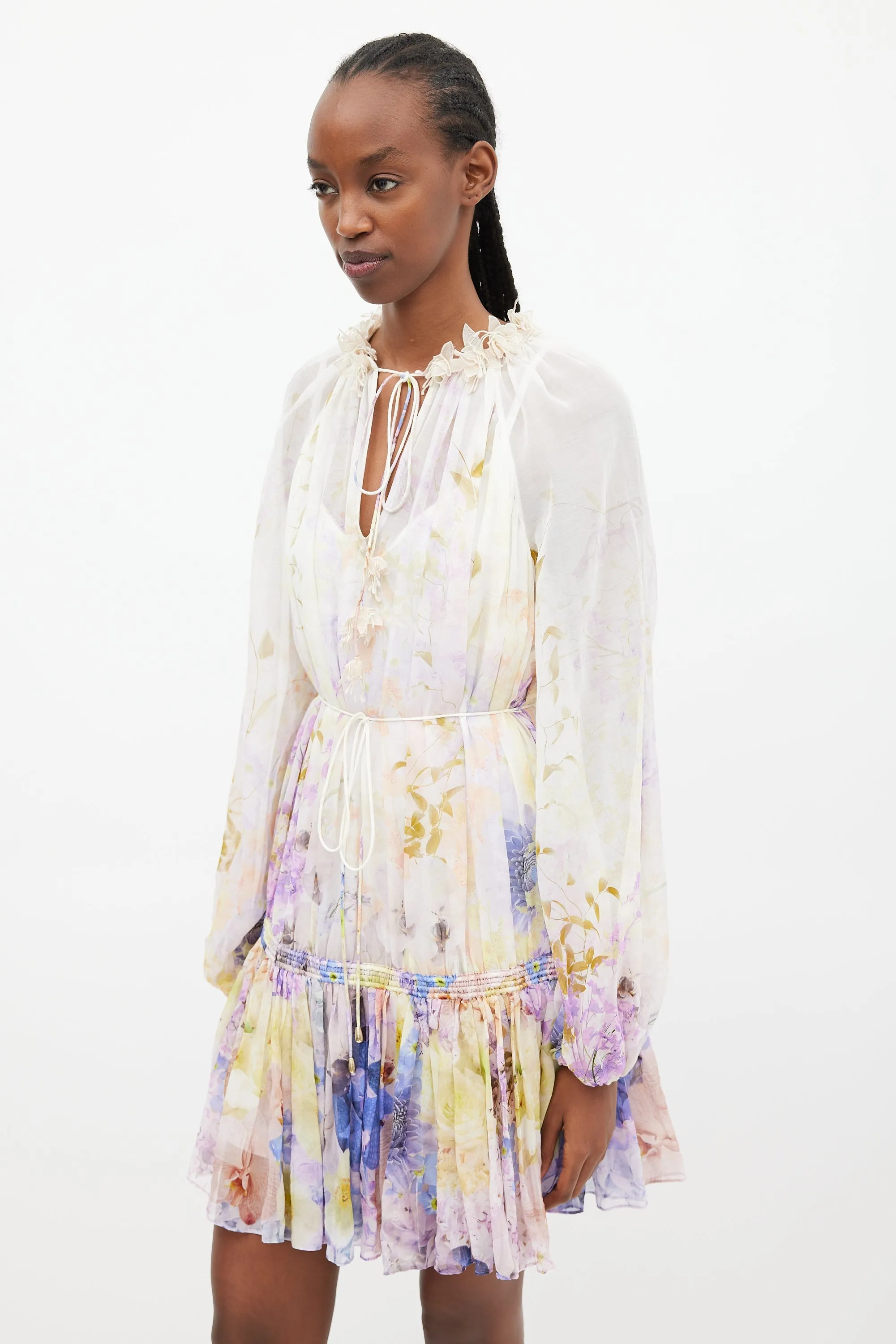 White & Multi Rhythmic Drawn Floral Dress