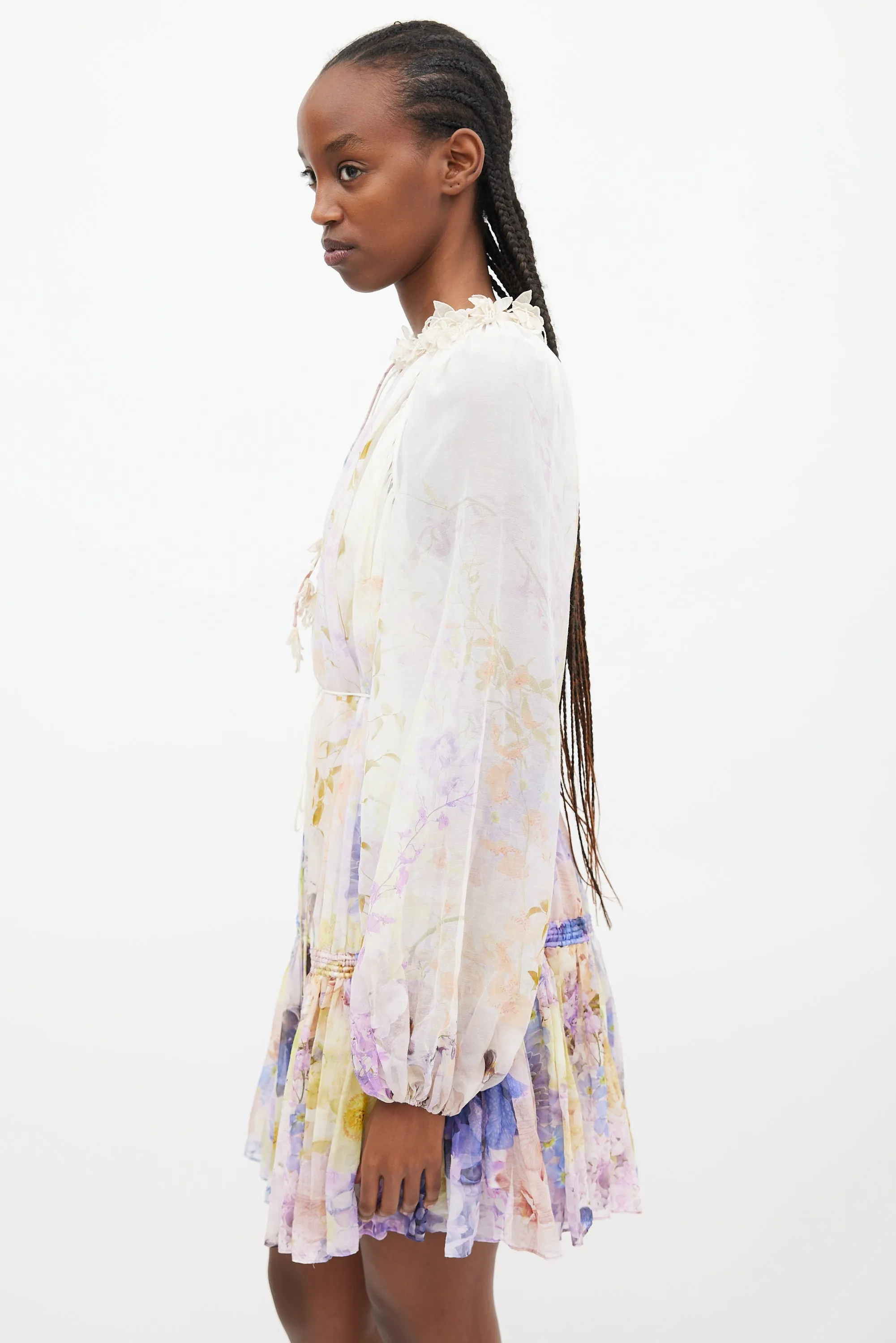 White & Multi Rhythmic Drawn Floral Dress