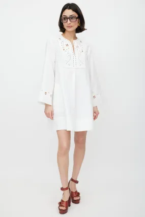 White Linen Floral Eyelet Dress