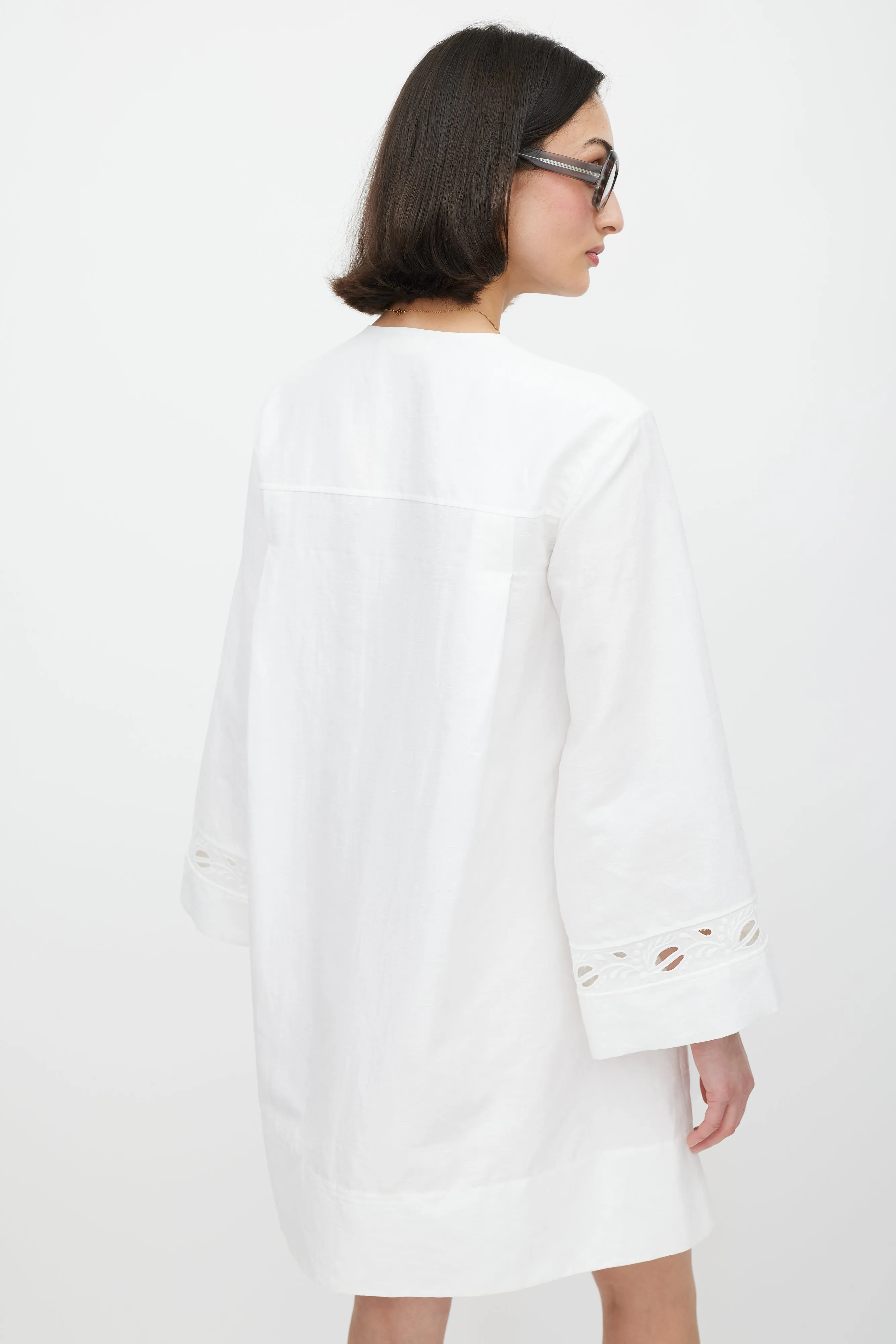 White Linen Floral Eyelet Dress
