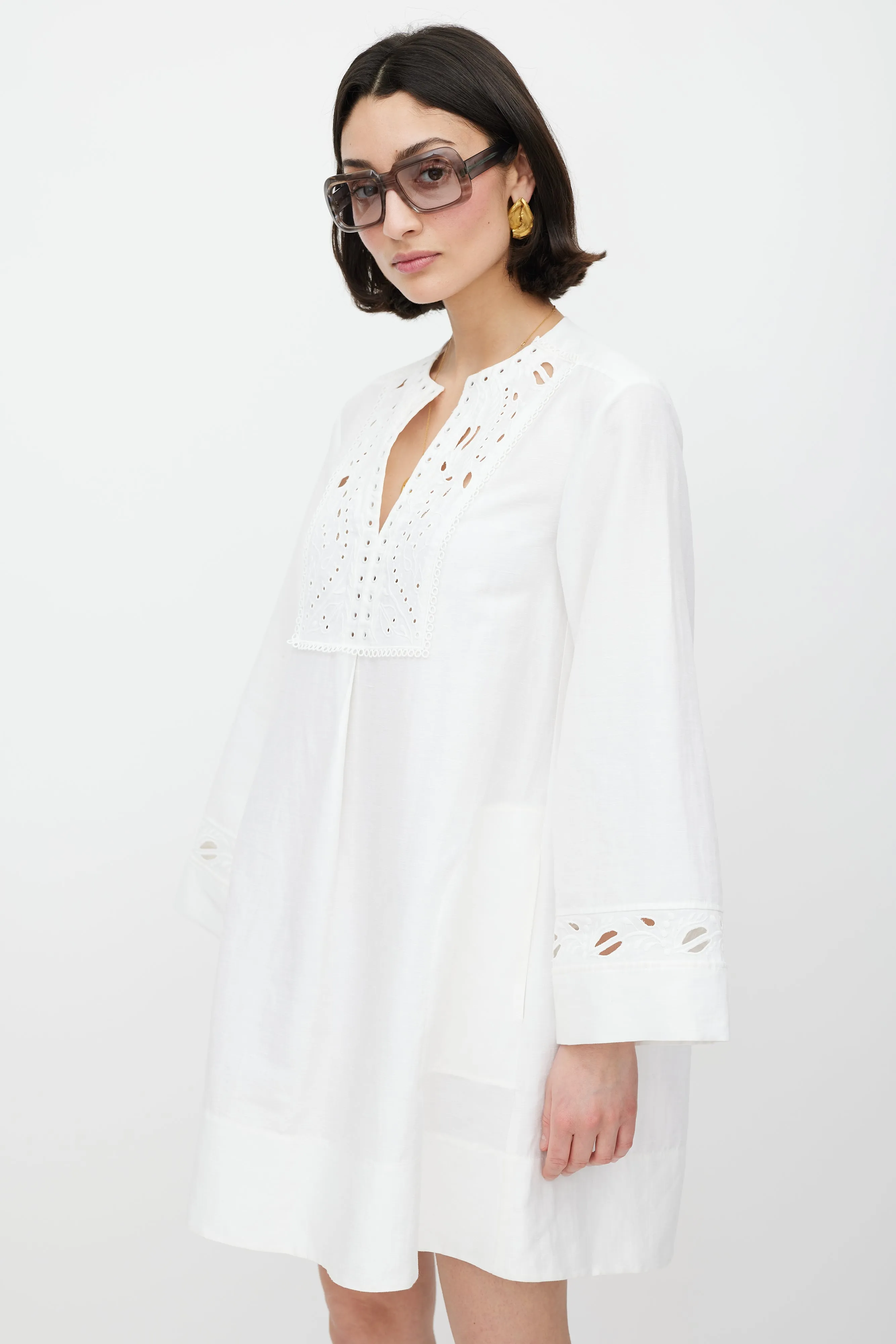 White Linen Floral Eyelet Dress