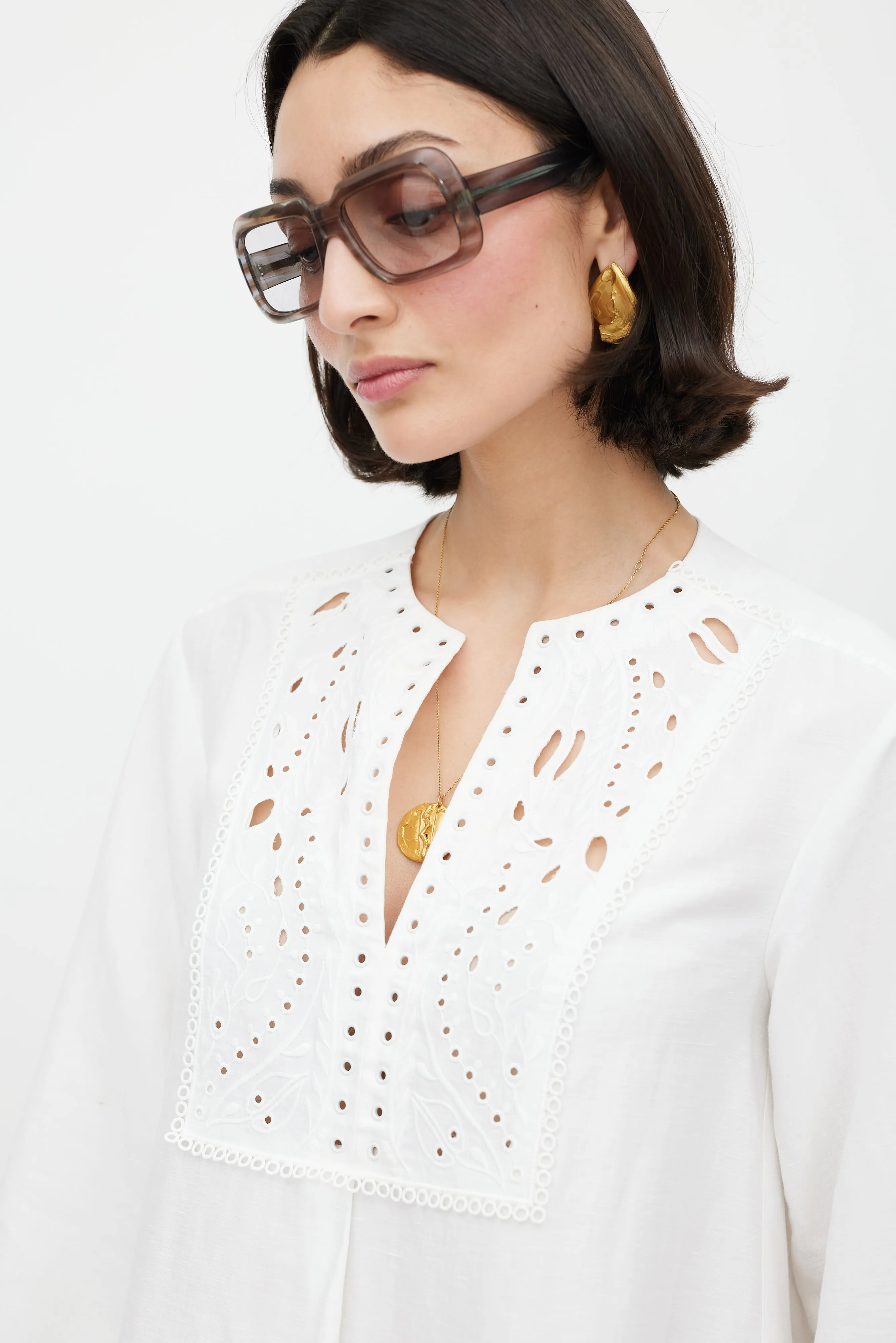 White Linen Floral Eyelet Dress
