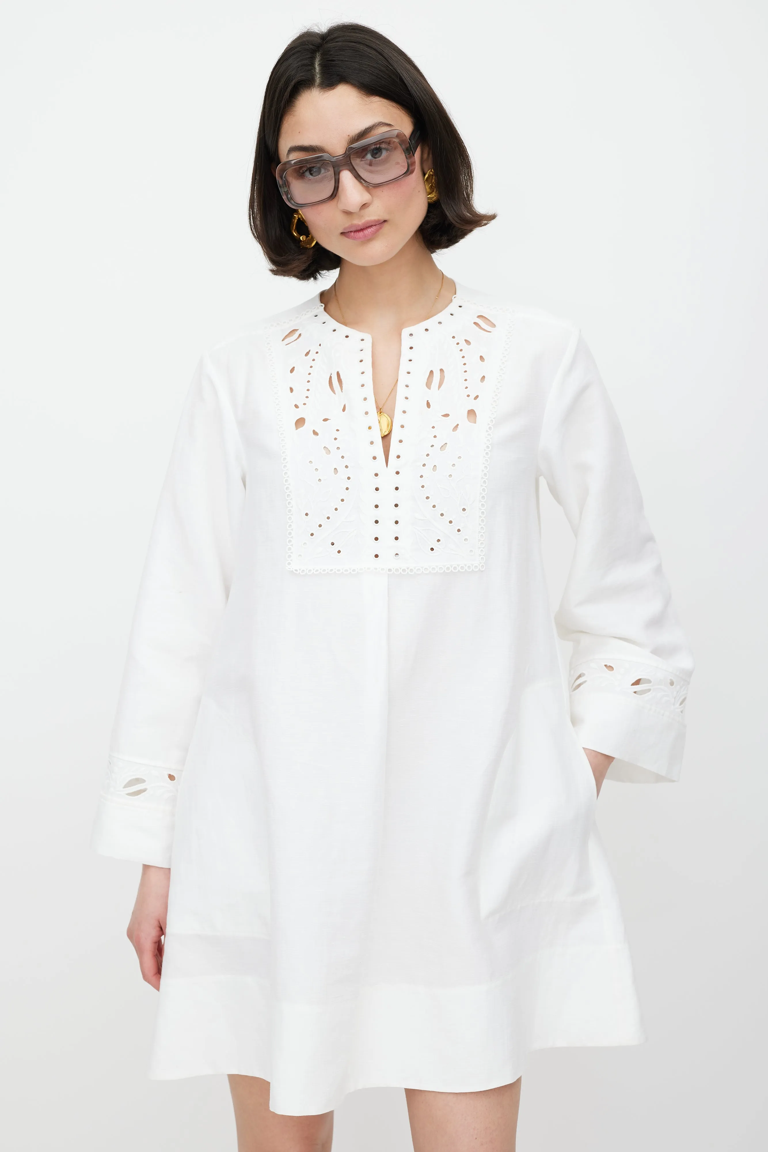 White Linen Floral Eyelet Dress