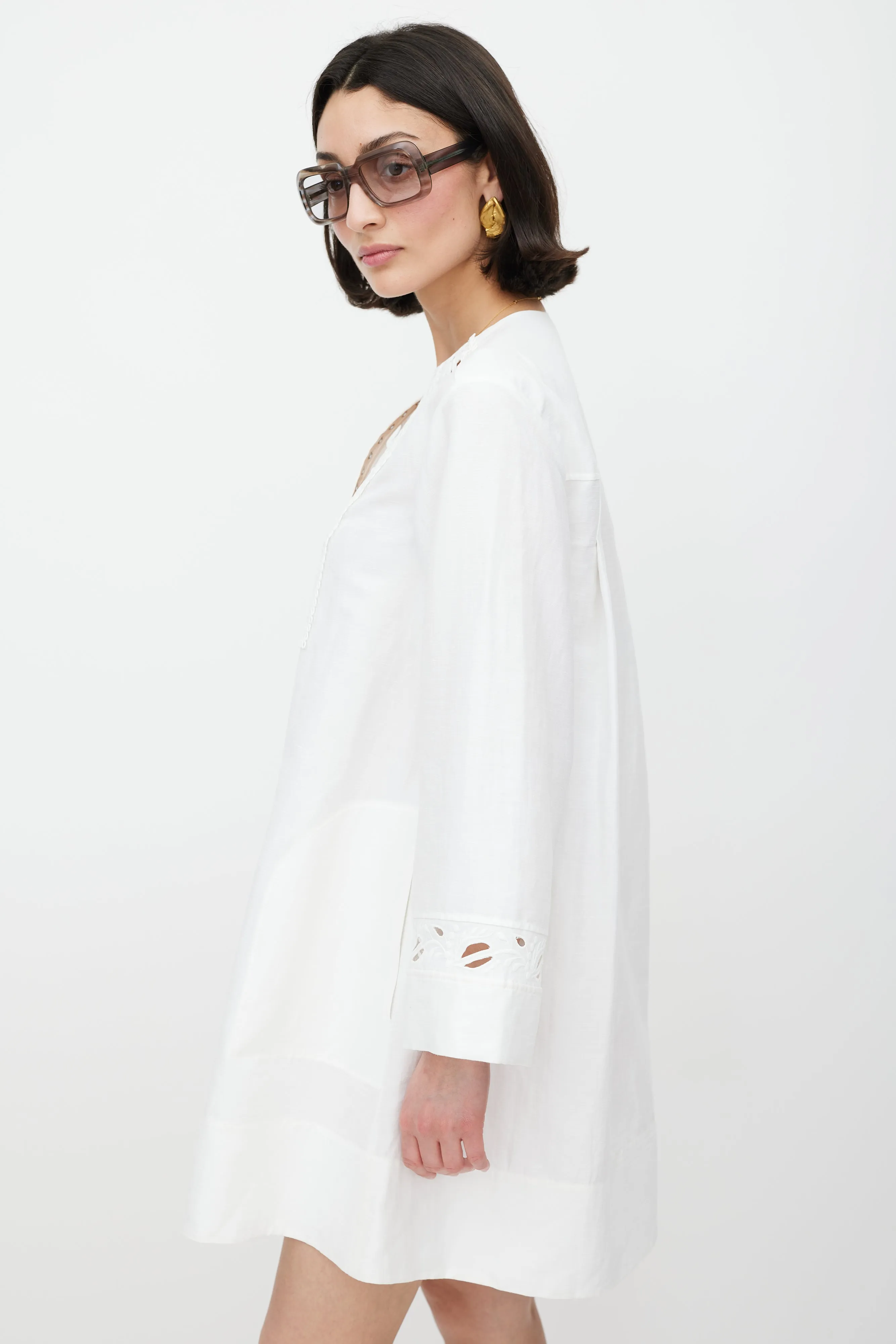 White Linen Floral Eyelet Dress