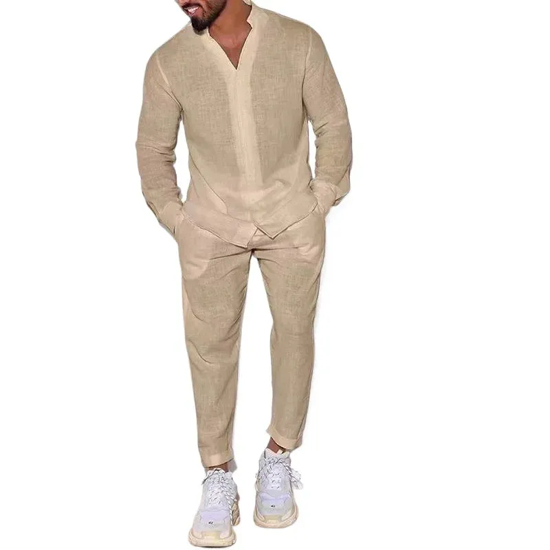 Wiaofellas  -  Men's Linen Spring and Autumn Suit Casual Long-sleeved Shirt Fashion Cargo Pants Sports Two-piece Set