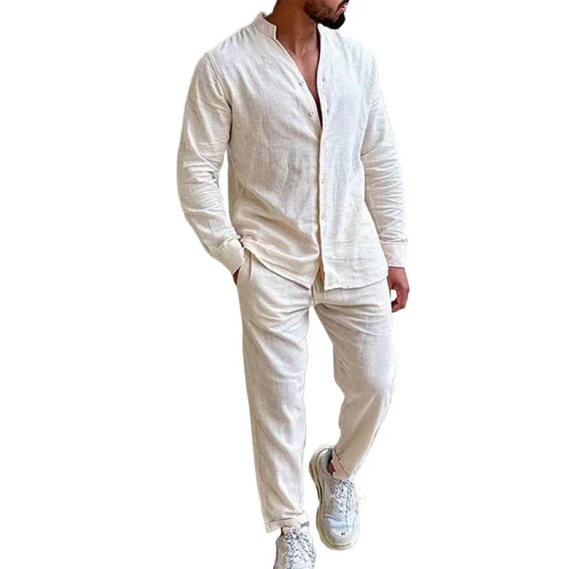 Wiaofellas  -  Men's Linen Spring and Autumn Suit Casual Long-sleeved Shirt Fashion Cargo Pants Sports Two-piece Set