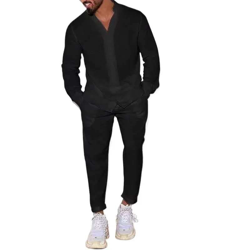 Wiaofellas  -  Men's Linen Spring and Autumn Suit Casual Long-sleeved Shirt Fashion Cargo Pants Sports Two-piece Set