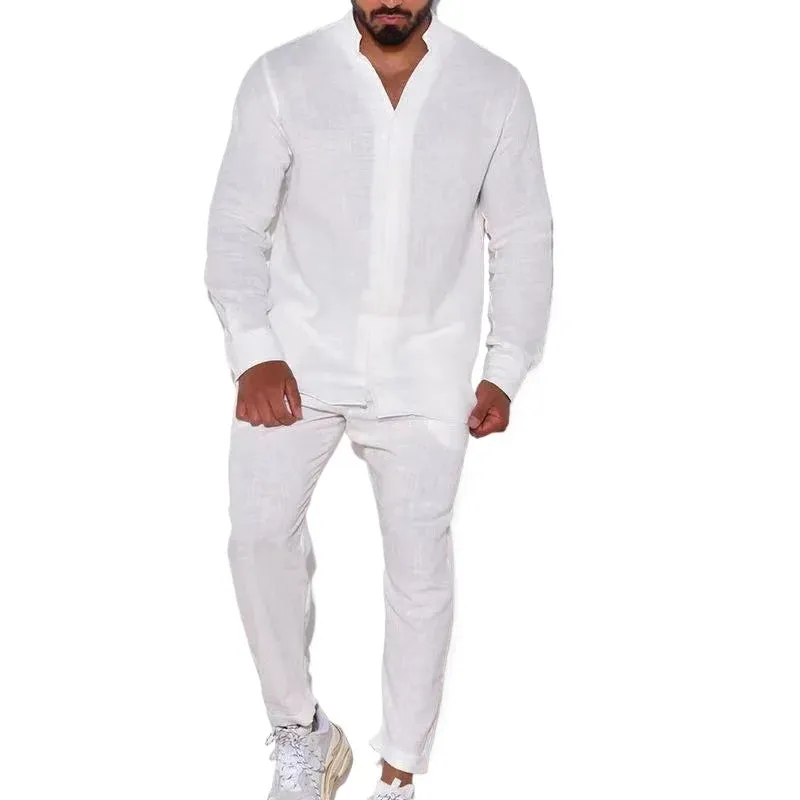 Wiaofellas  -  Men's Linen Spring and Autumn Suit Casual Long-sleeved Shirt Fashion Cargo Pants Sports Two-piece Set